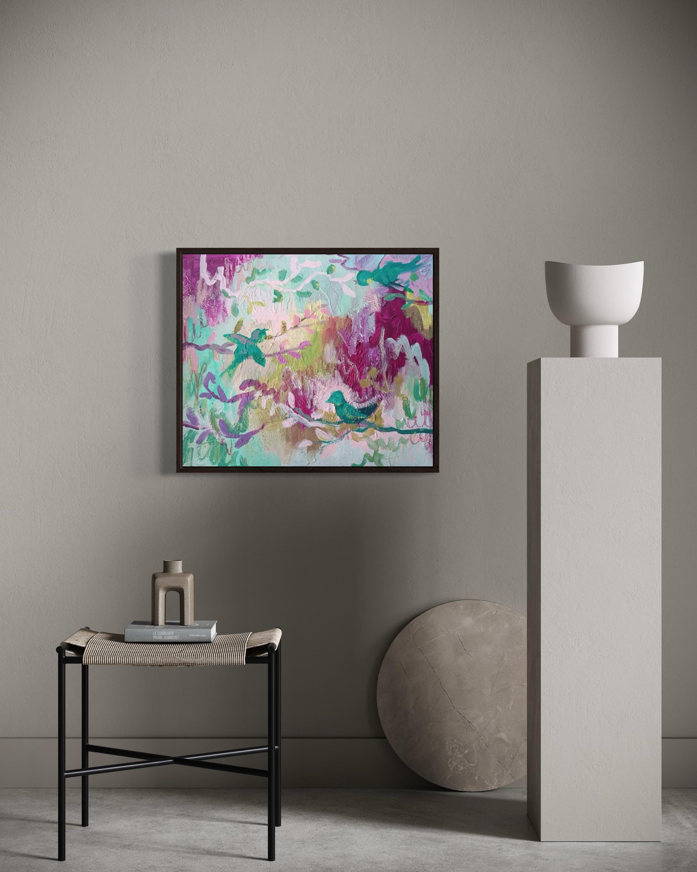 Birds, 50x60cm, acrylic on canvas, pastel - Painting by Fleur