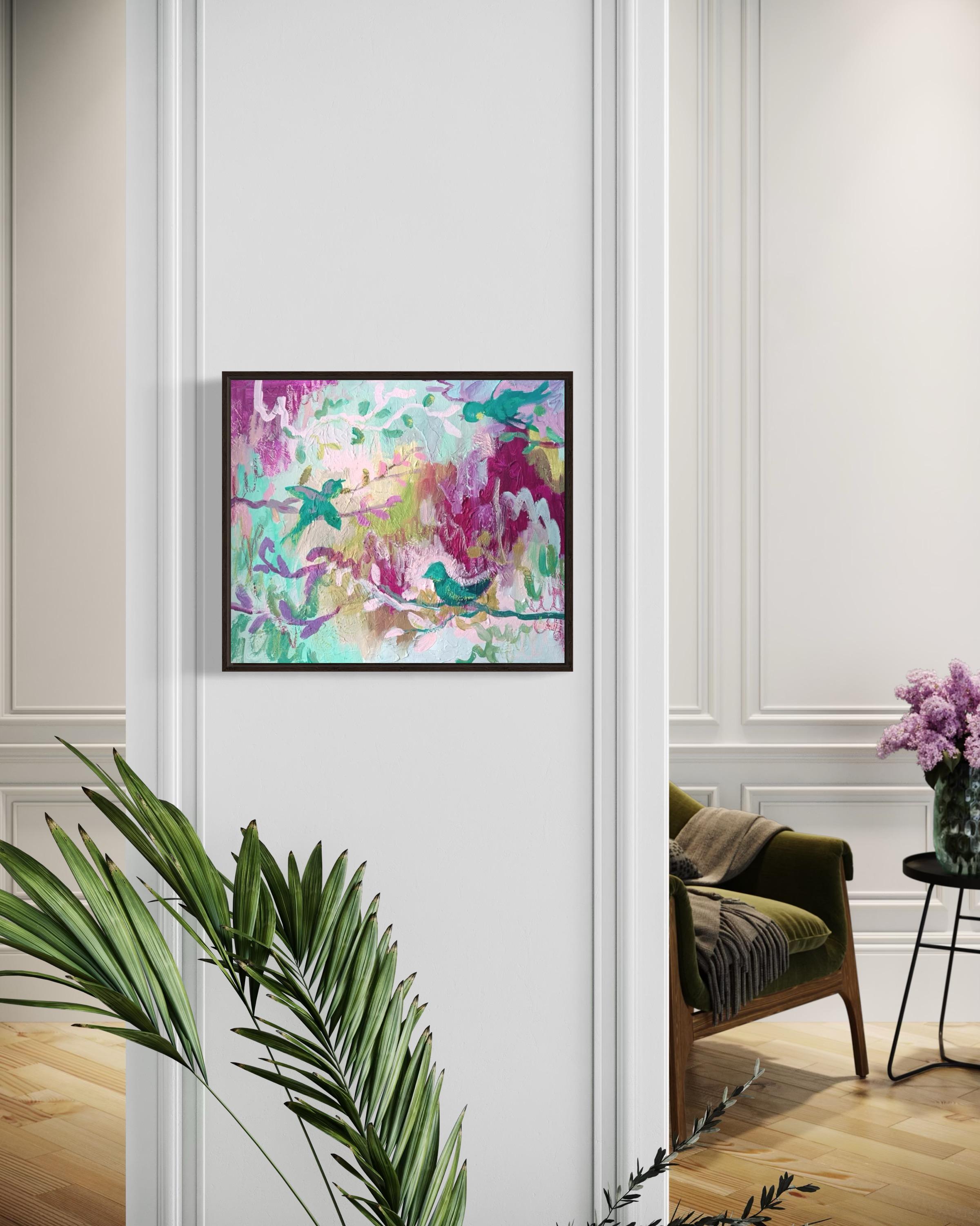 Birds, 50x60cm, acrylic on canvas, pastel - Abstract Painting by Fleur