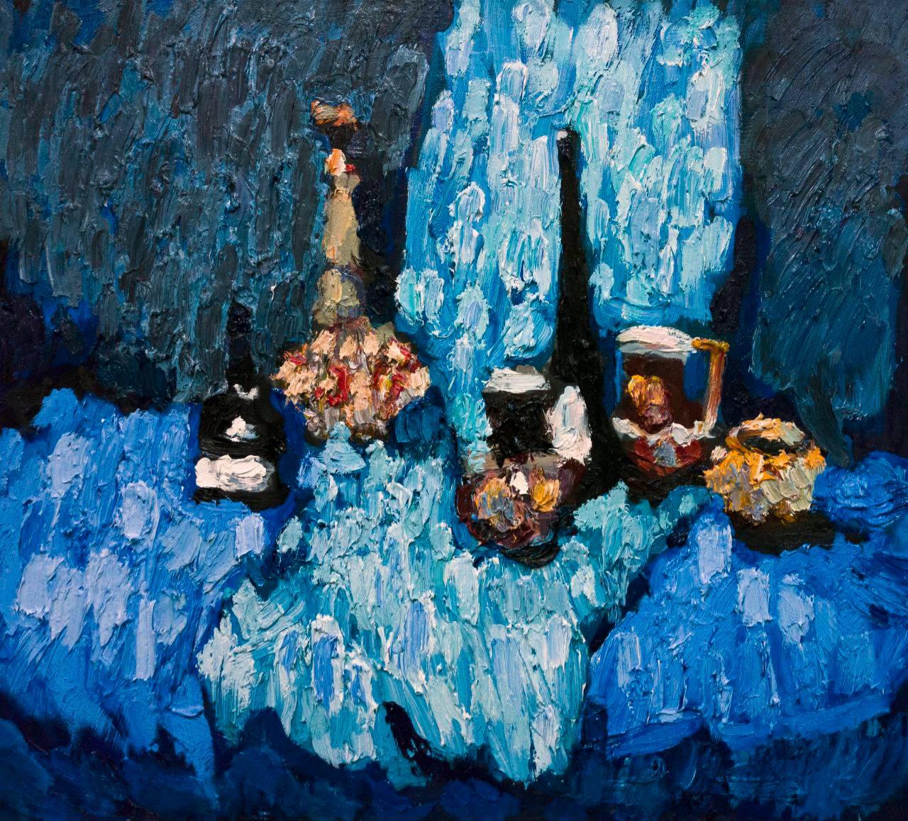 Blue still life, 90x100 cm, oil on canvas - Painting by Petr Petyaev