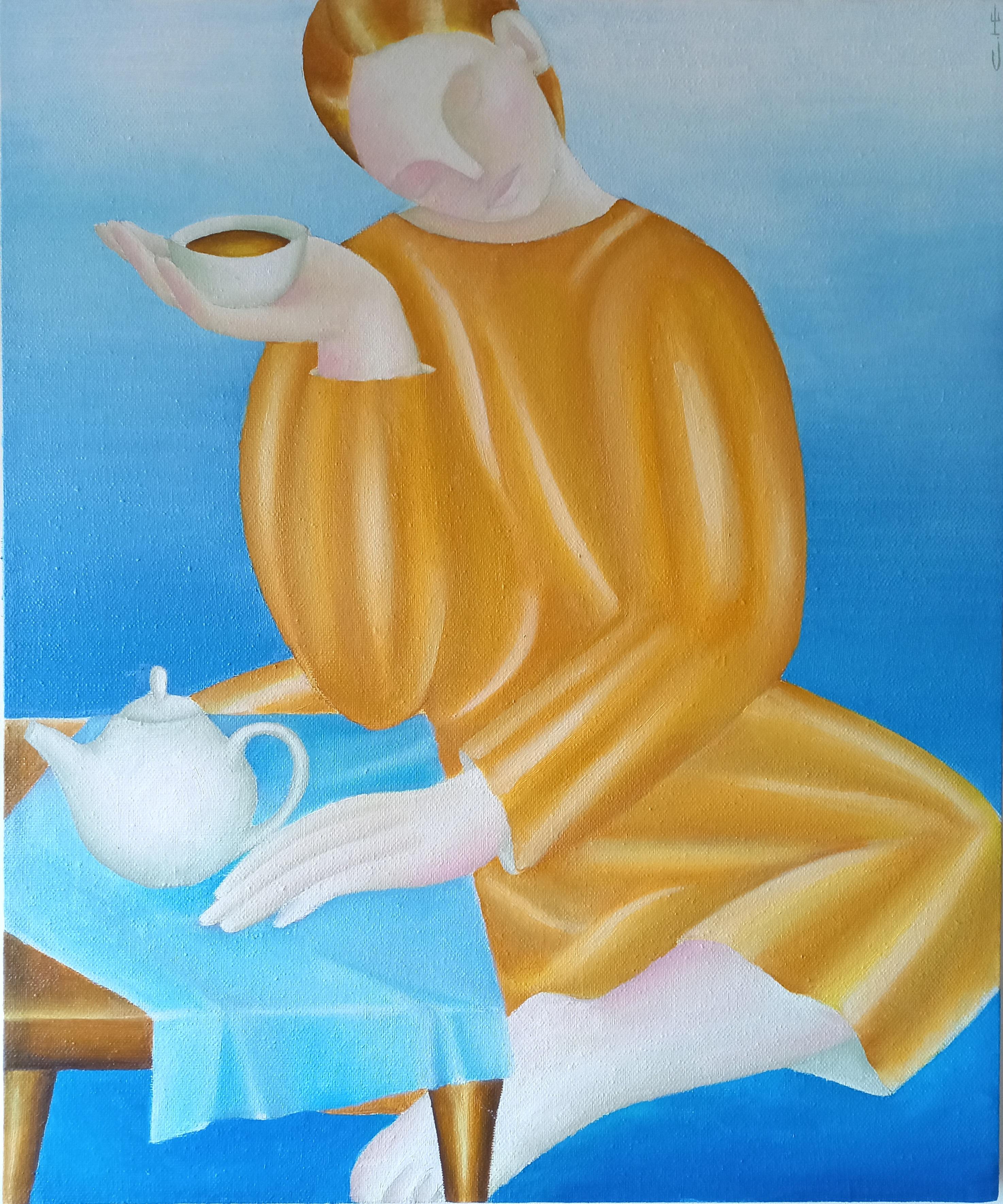 With tea, 60x50cm, oil on canvas - Painting by Sasha Katinauskiene