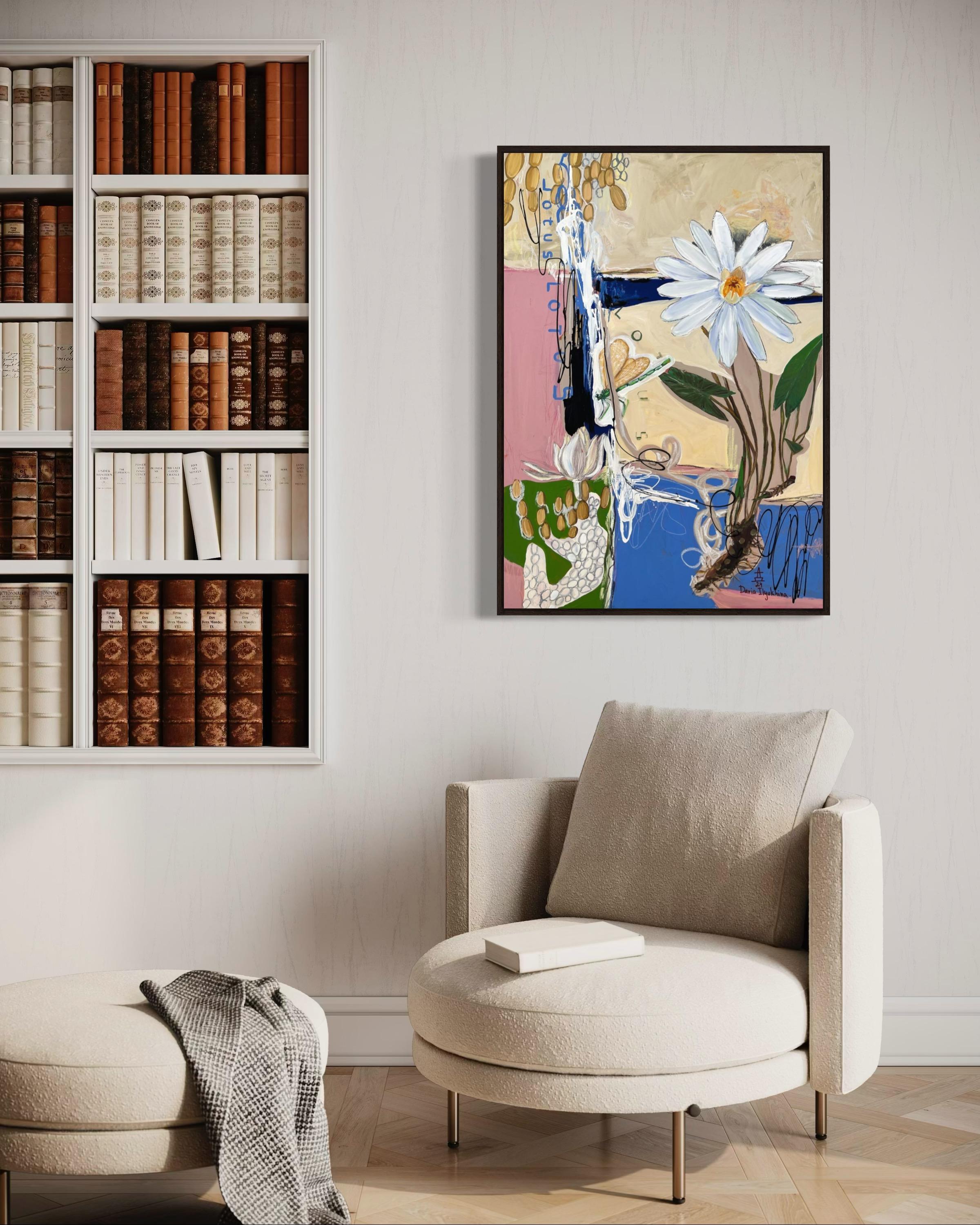 Toile Lotus blanc, techniques mixtes, 100 x 70 cm en vente 1