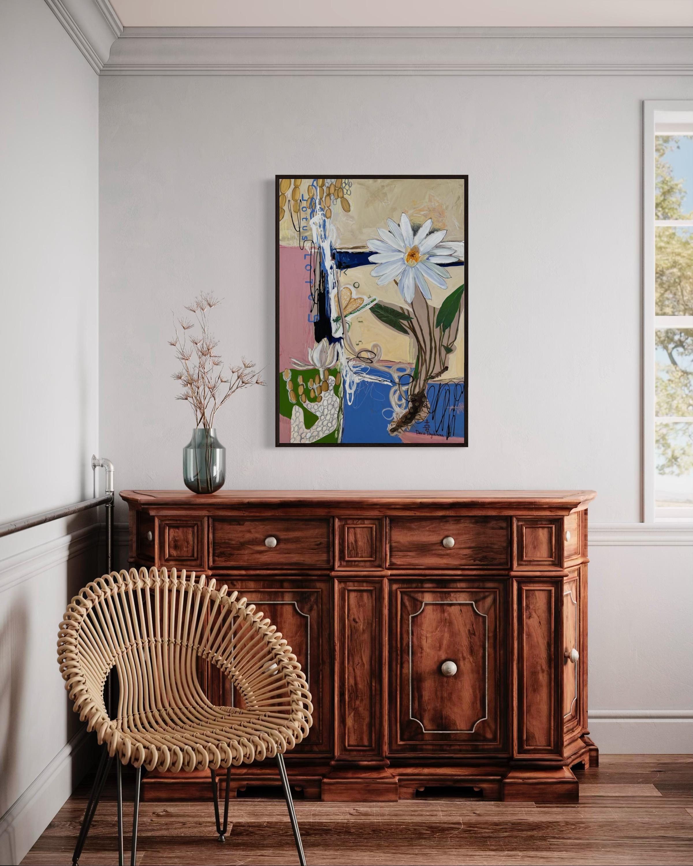 Toile Lotus blanc, techniques mixtes, 100 x 70 cm en vente 2