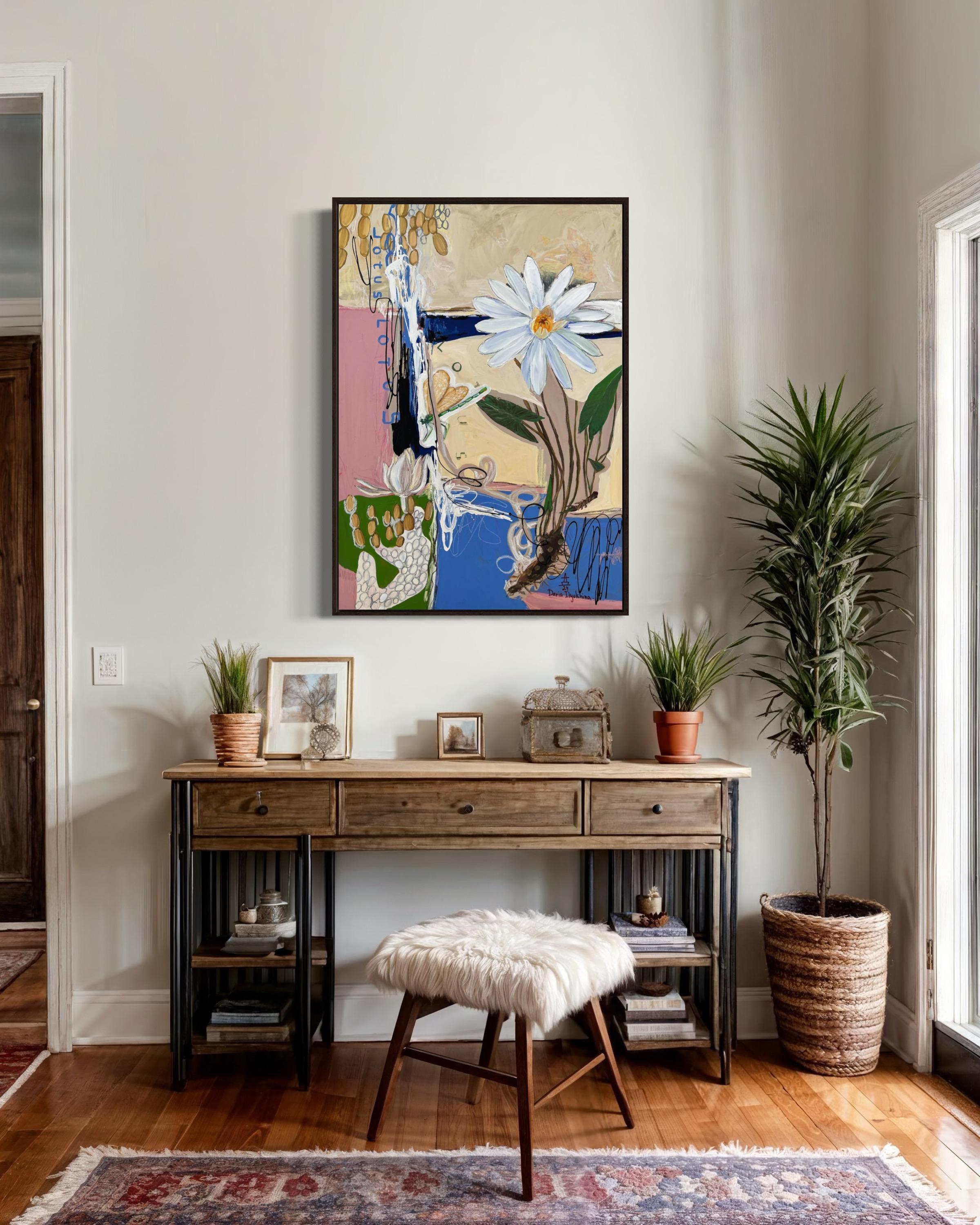 Toile Lotus blanc, techniques mixtes, 100 x 70 cm en vente 3