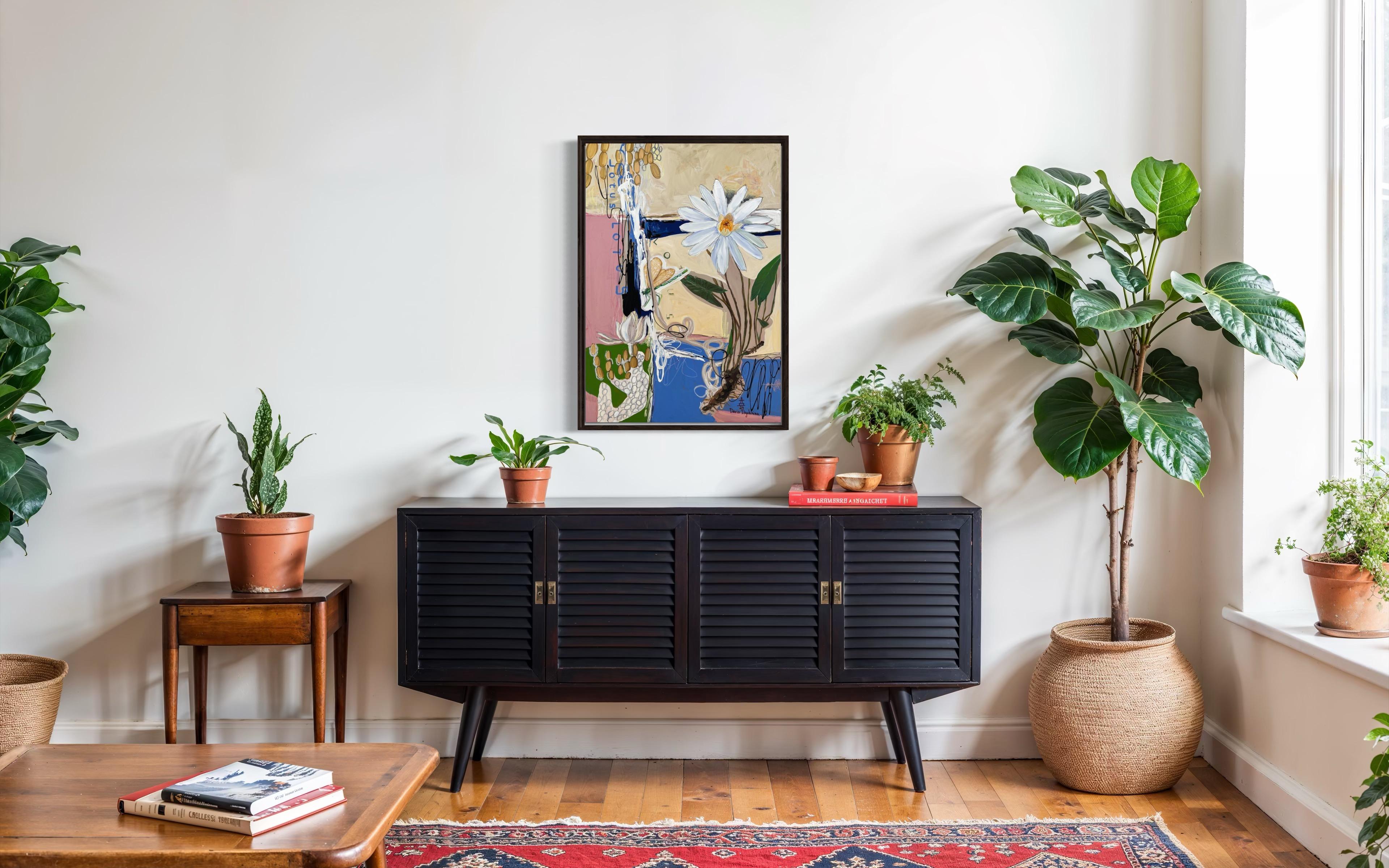 Toile Lotus blanc, techniques mixtes, 100 x 70 cm en vente 5
