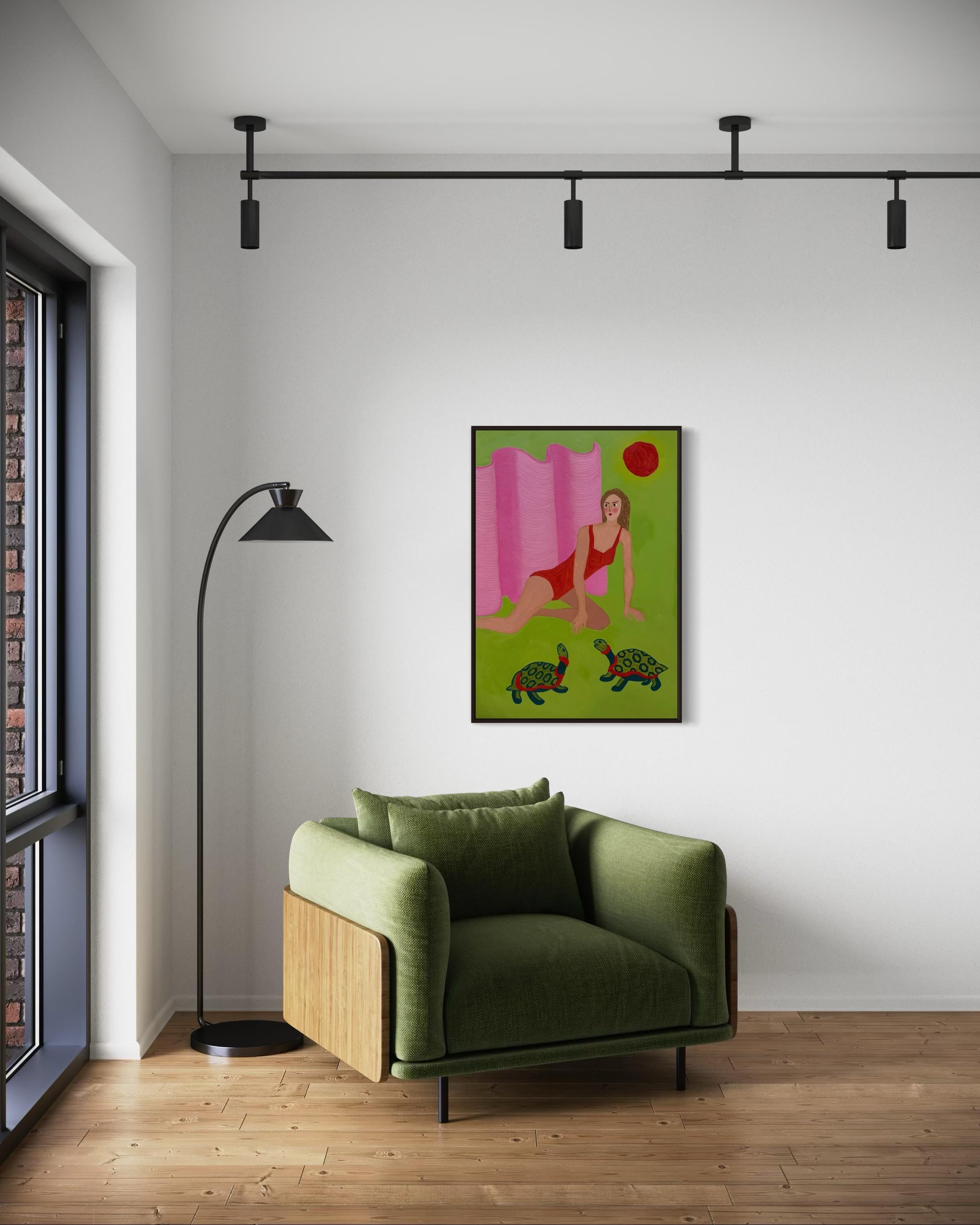 Le soleil et les tortues, 100x70 cm, acrylique sur toile, pastel en vente 4