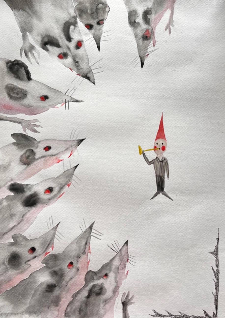 Pied Piper, 40x30 cm, aquarelle, papier, crayon - Art de Lina Kordyuchenko