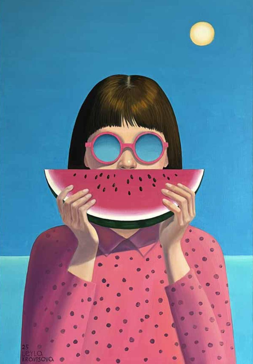 La niña de la sandía , 100x70cm, óleo sobre lienzo - Art de Leyla Kravtsova