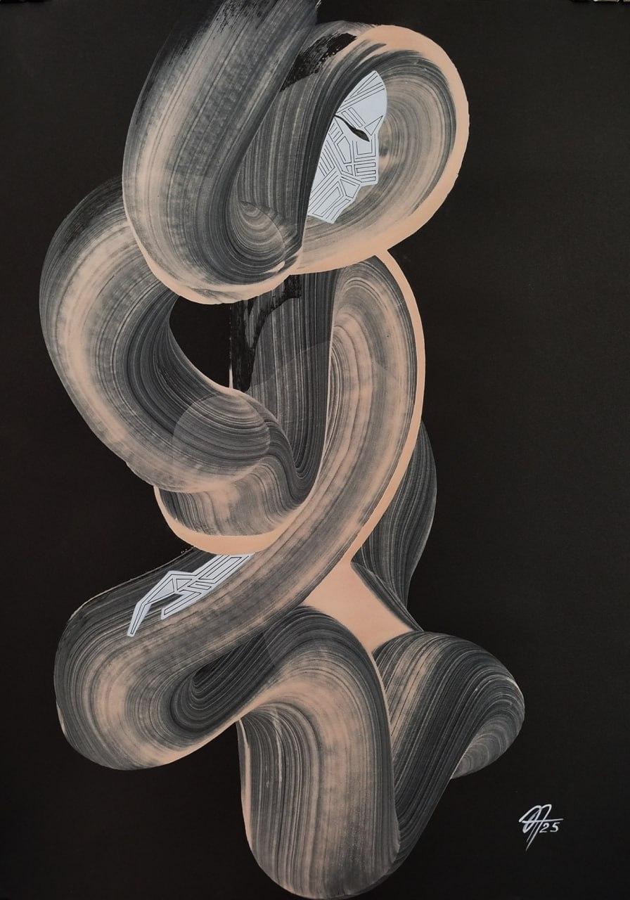 Technoméditation, 70x50 cm, acrylique sur papier noir - Art de Tatiana Nega