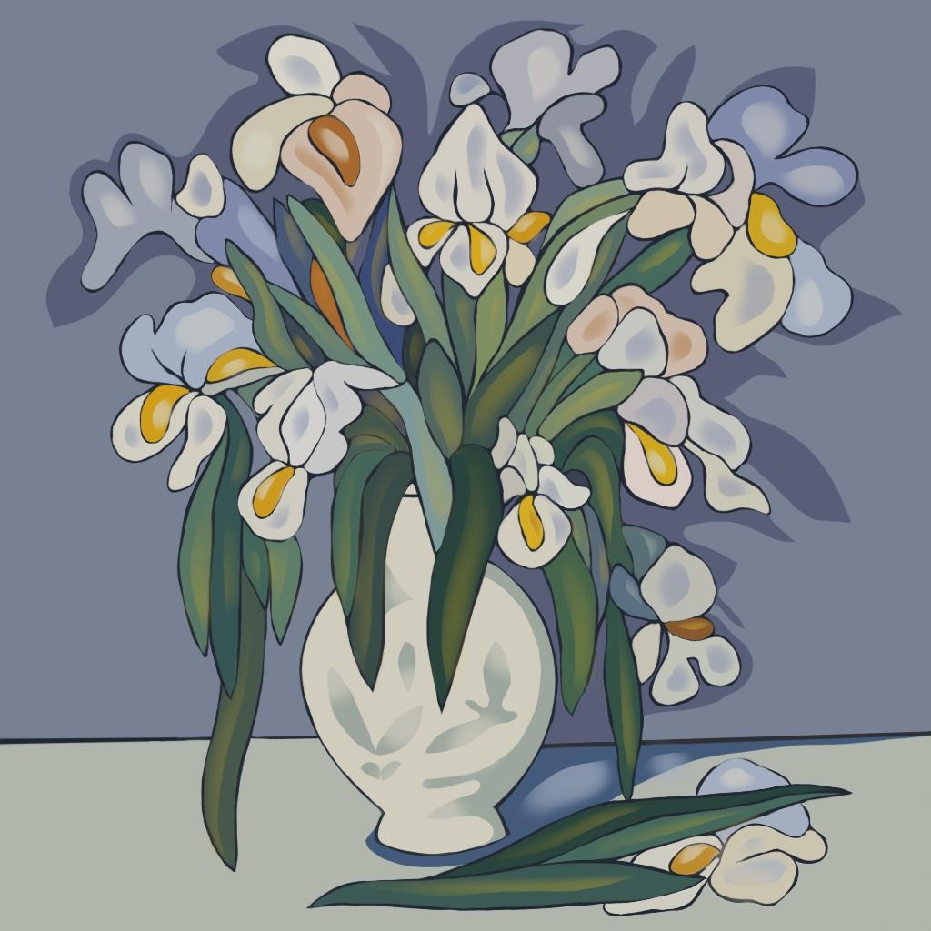 Stillleben mit Irisen, 70x70cm, Druck auf Leinwand. Auflage 20 Teile. – Art von Nina Tsoriti