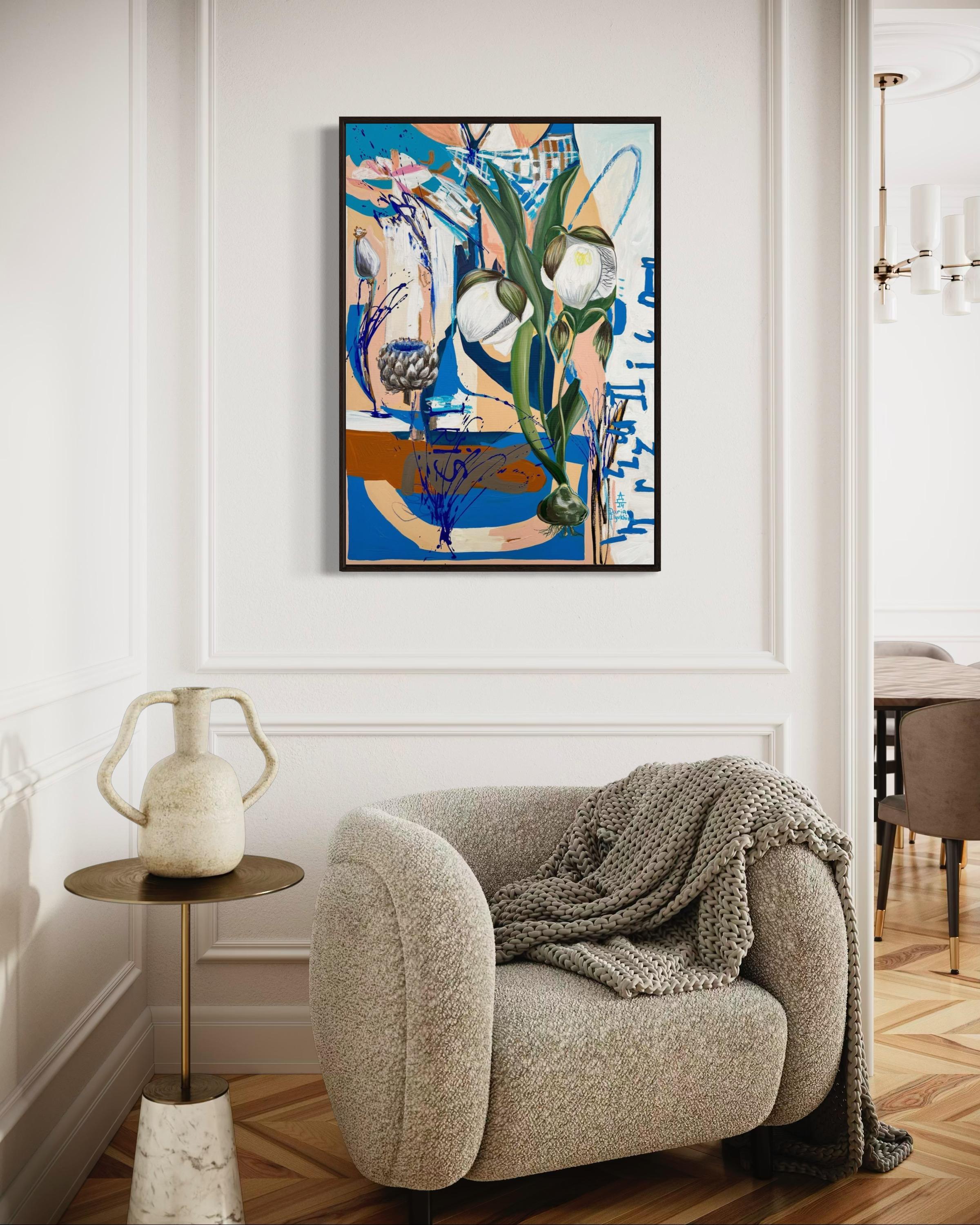 Calochortus white on blue,  Canvas, mixed media, 100x70cm For Sale 1