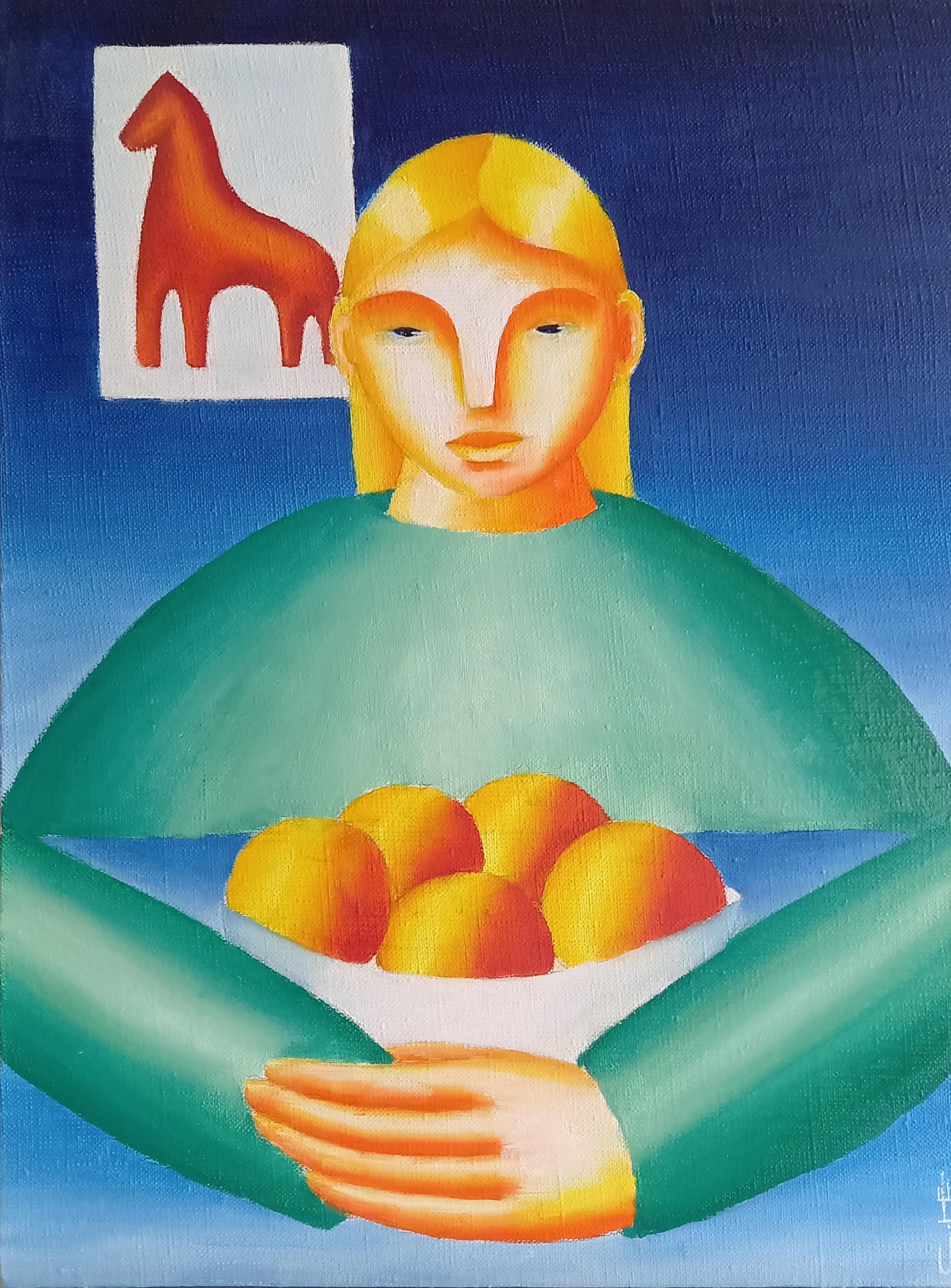 At the table. With peaches., 40x30cm, oil on canvas - Painting by Sasha Katinauskiene