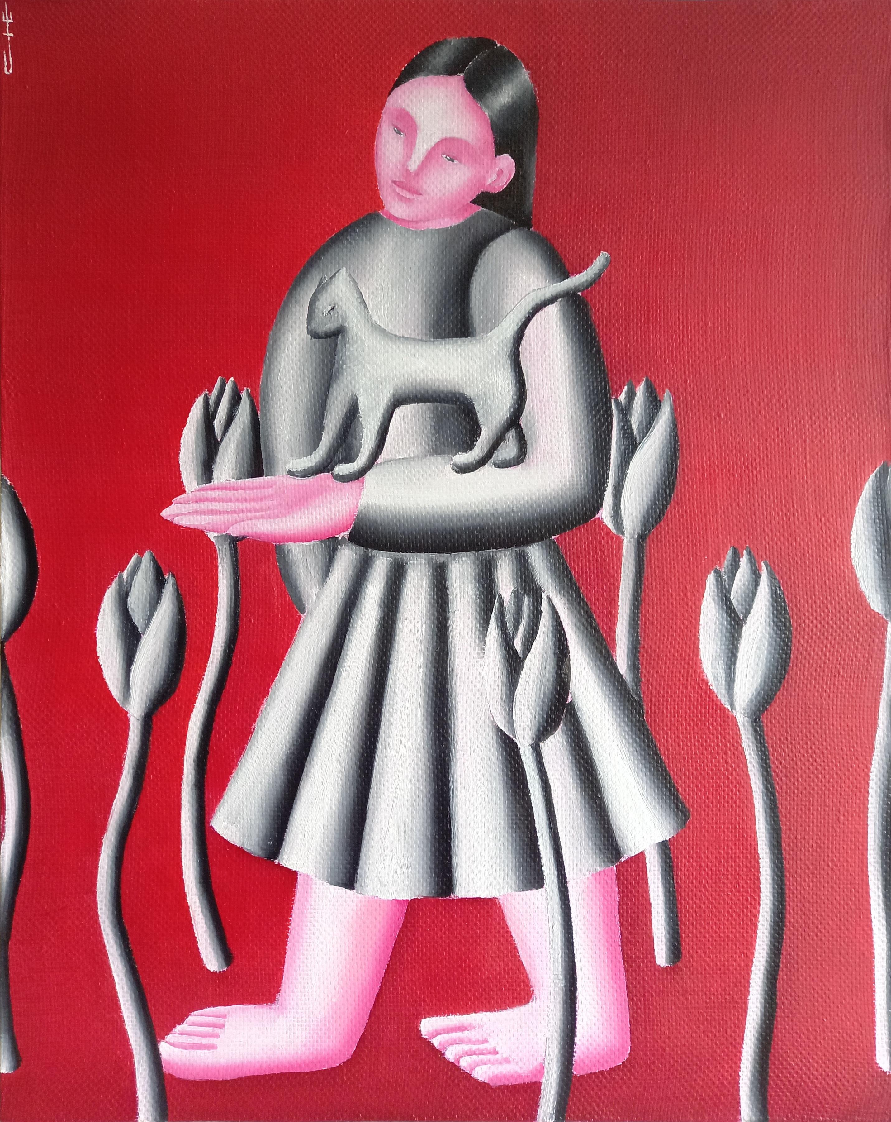 Walking with a cat, 50x40cm, oil on canvas - Art by Sasha Katinauskiene