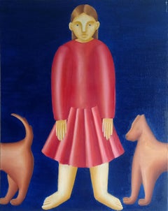 Blue background. Girl and dog, 50x40cm, oil on canvas