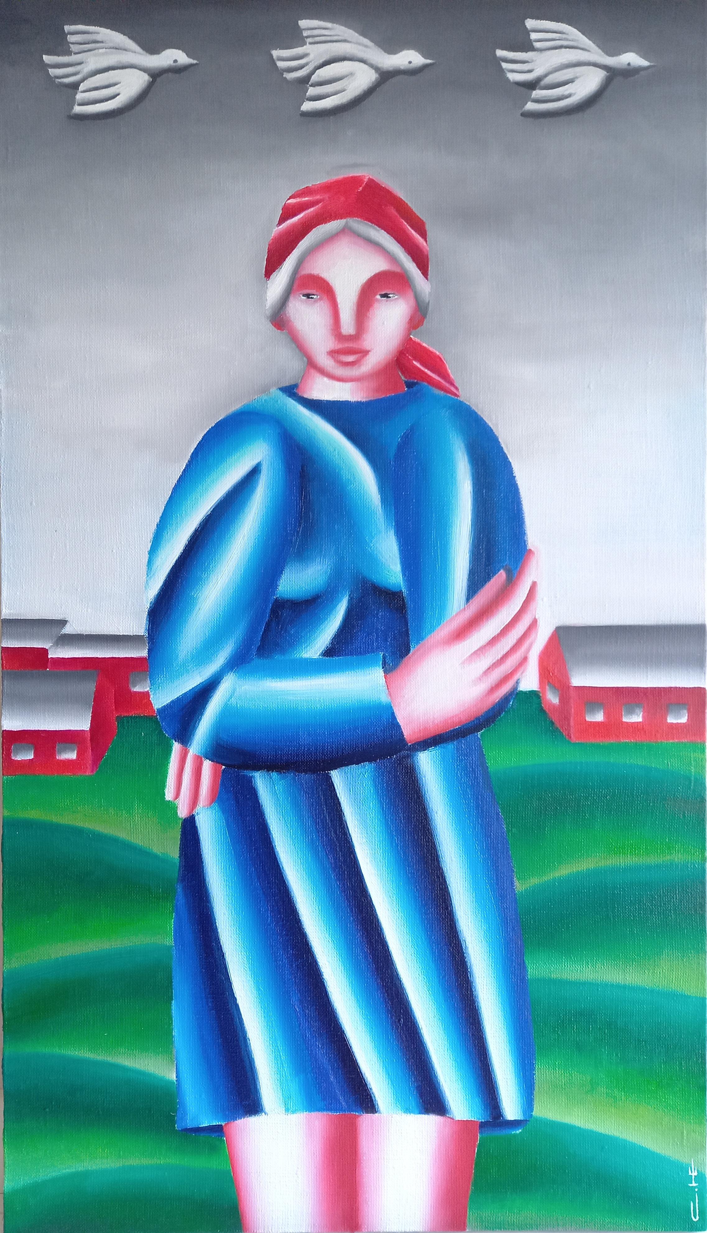 Red kerchief, 70x40cm, oil on canvas - Painting by Sasha Katinauskiene