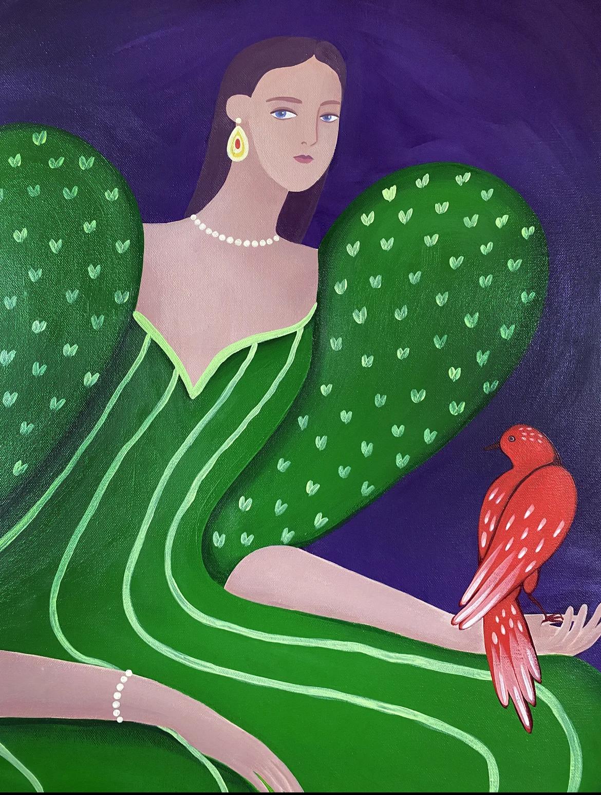 Dama con pájaro, 60x50 cm, acrílico sobre lienzo