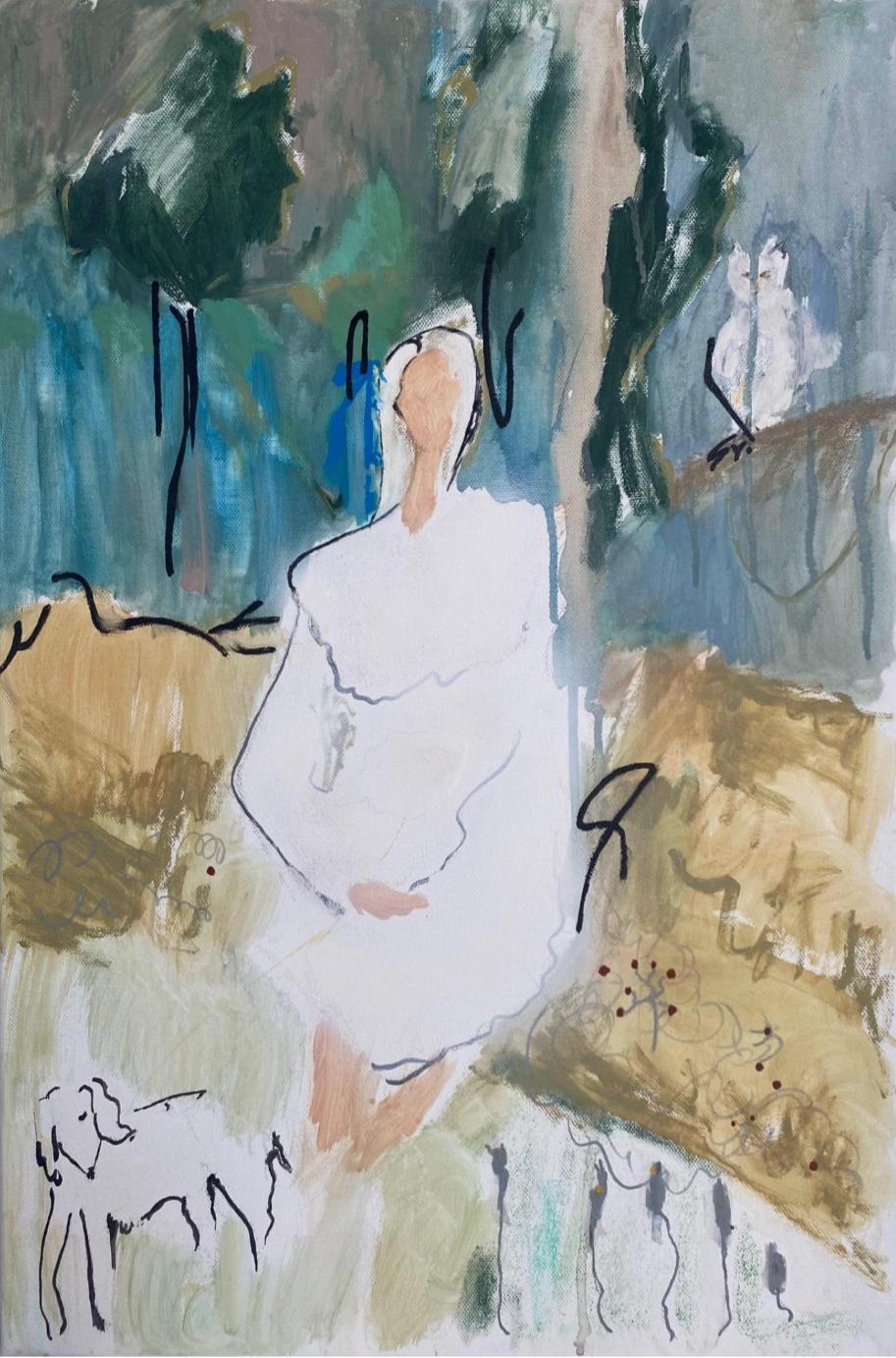 Alexandra Strogonova Figurative Painting - Forest fog, 60x40cm, acrylic, pastel, canvas