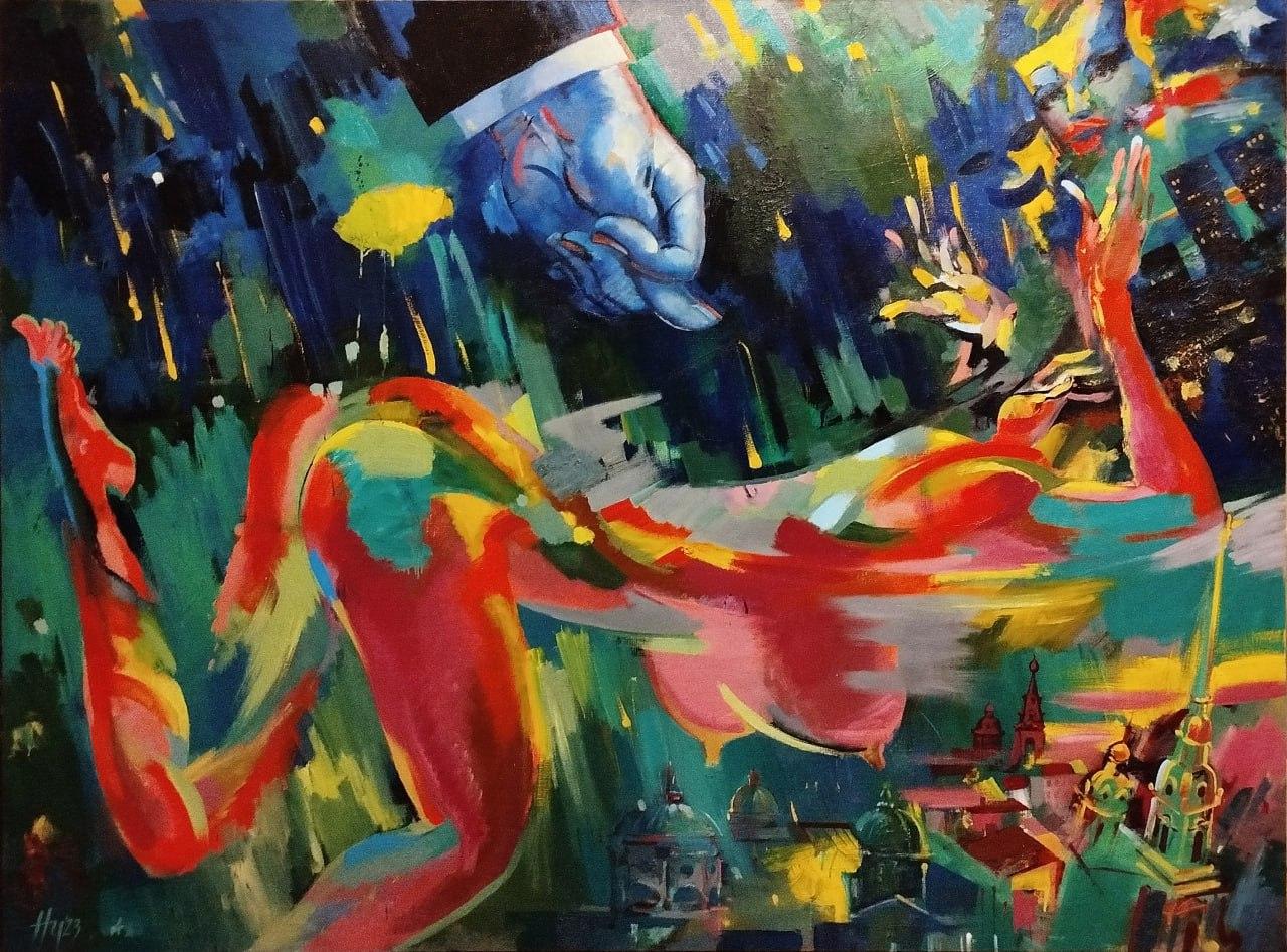 Figurative Painting Ivan Nesvetailo - L'expulsion de Danaé, 148x200 cm, huile sur toile