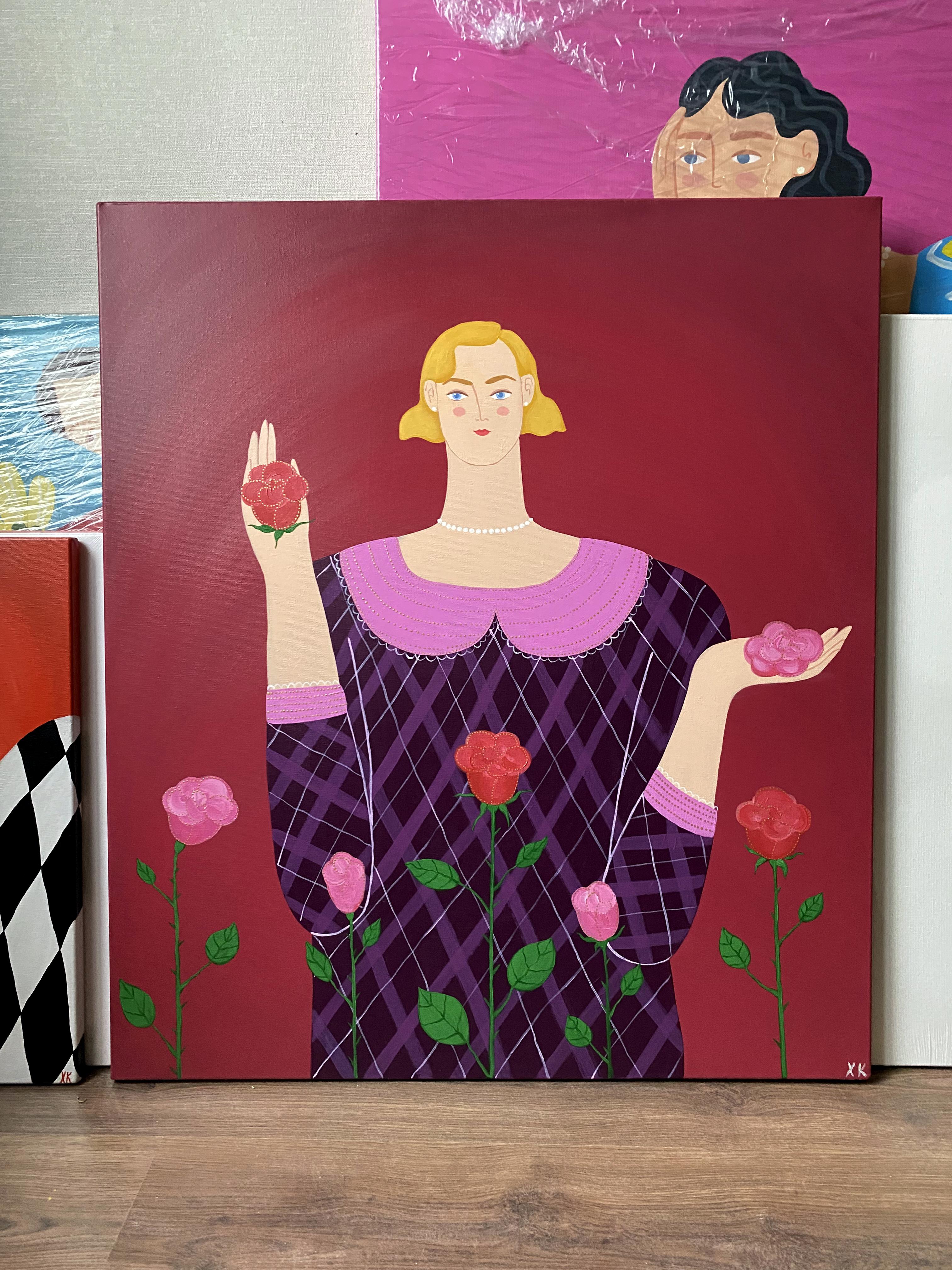 La Signora delle Rose, 90x70 cm, acrilico su tela in vendita 1