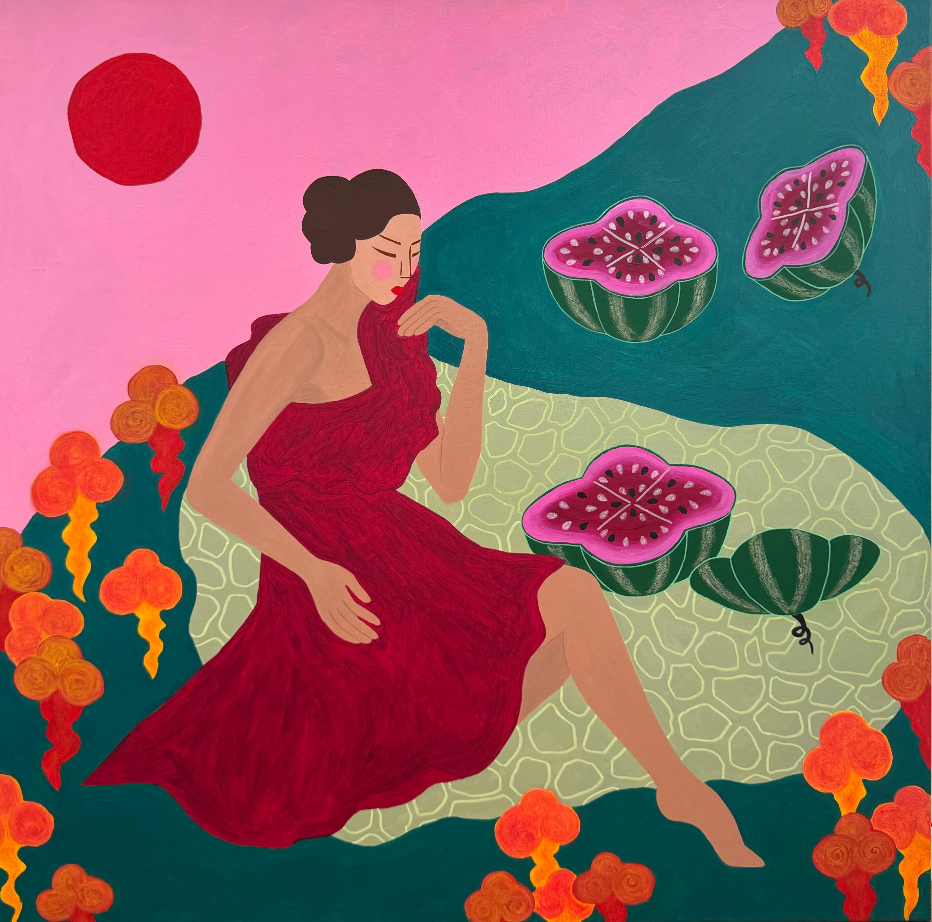 Sun, watermelons and plants of eternal youth, 80x80 cm, acrylic on canvas - Painting by Natasha Hegai