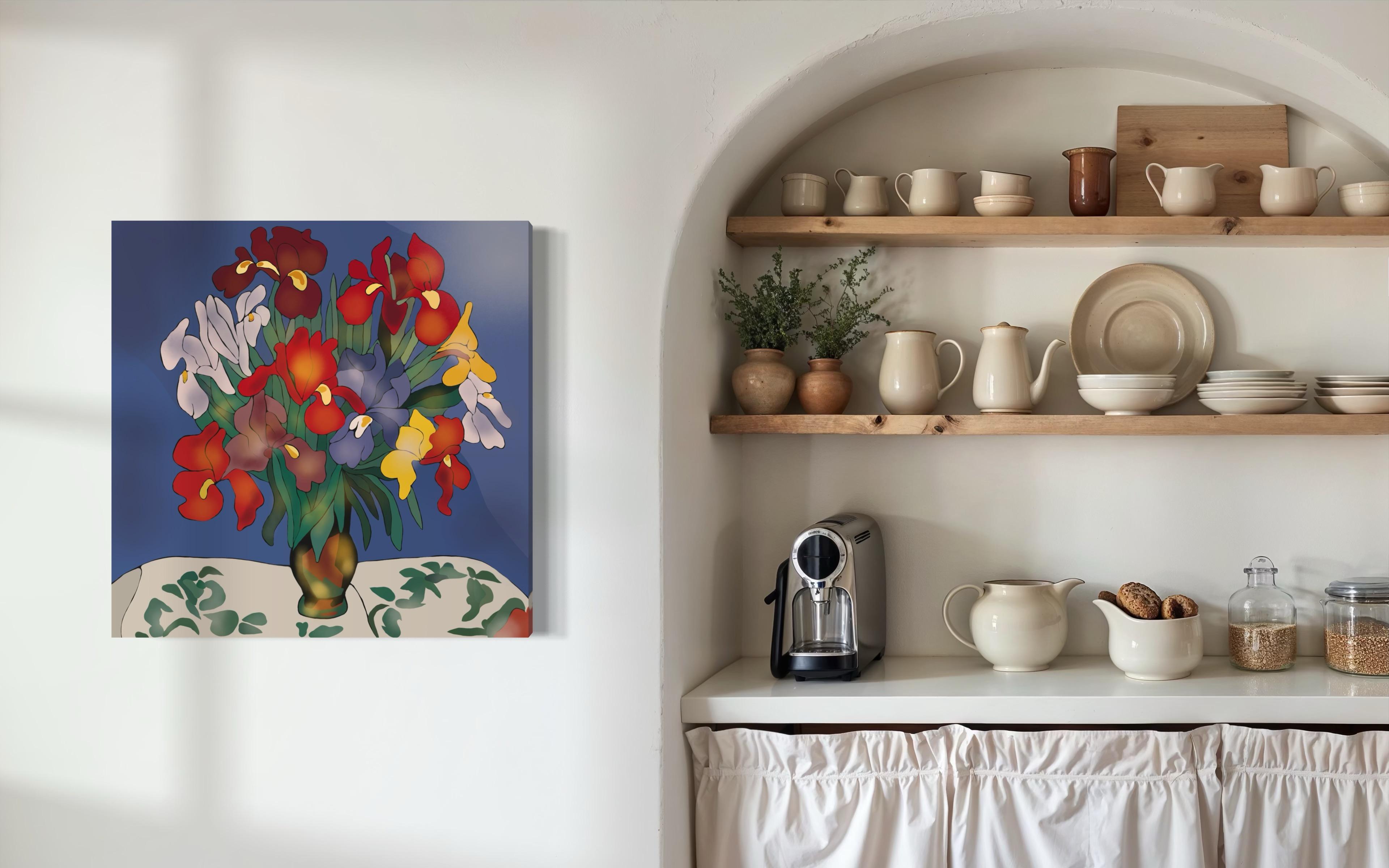 Natura morta con iris , 70x70cm, stampa su tela. Edizione 20 pezzi. - Print Pop Art di Nina Tsoriti