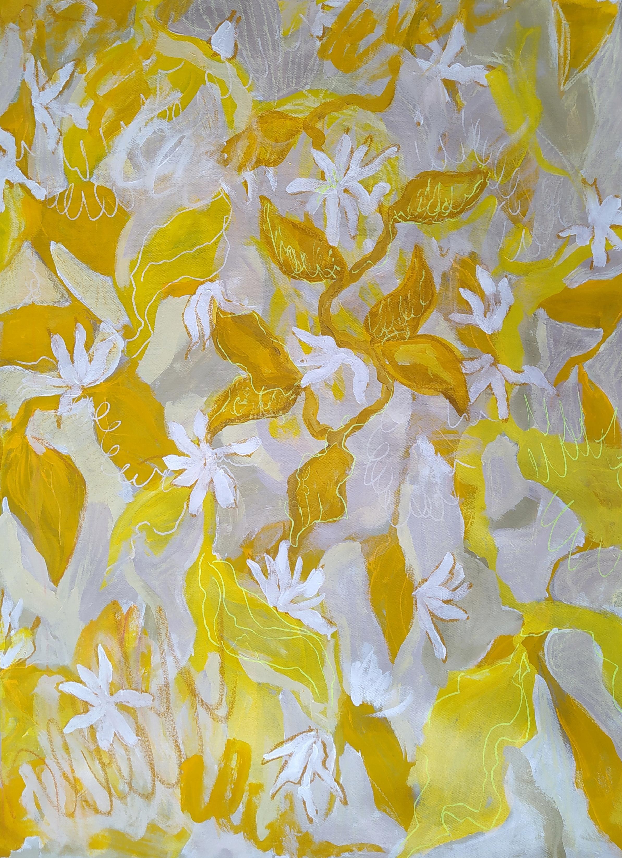 Zitronenblätter, 100x70cm, Acryl/Leinwand/Pastell, Acryl – Art von Fleur