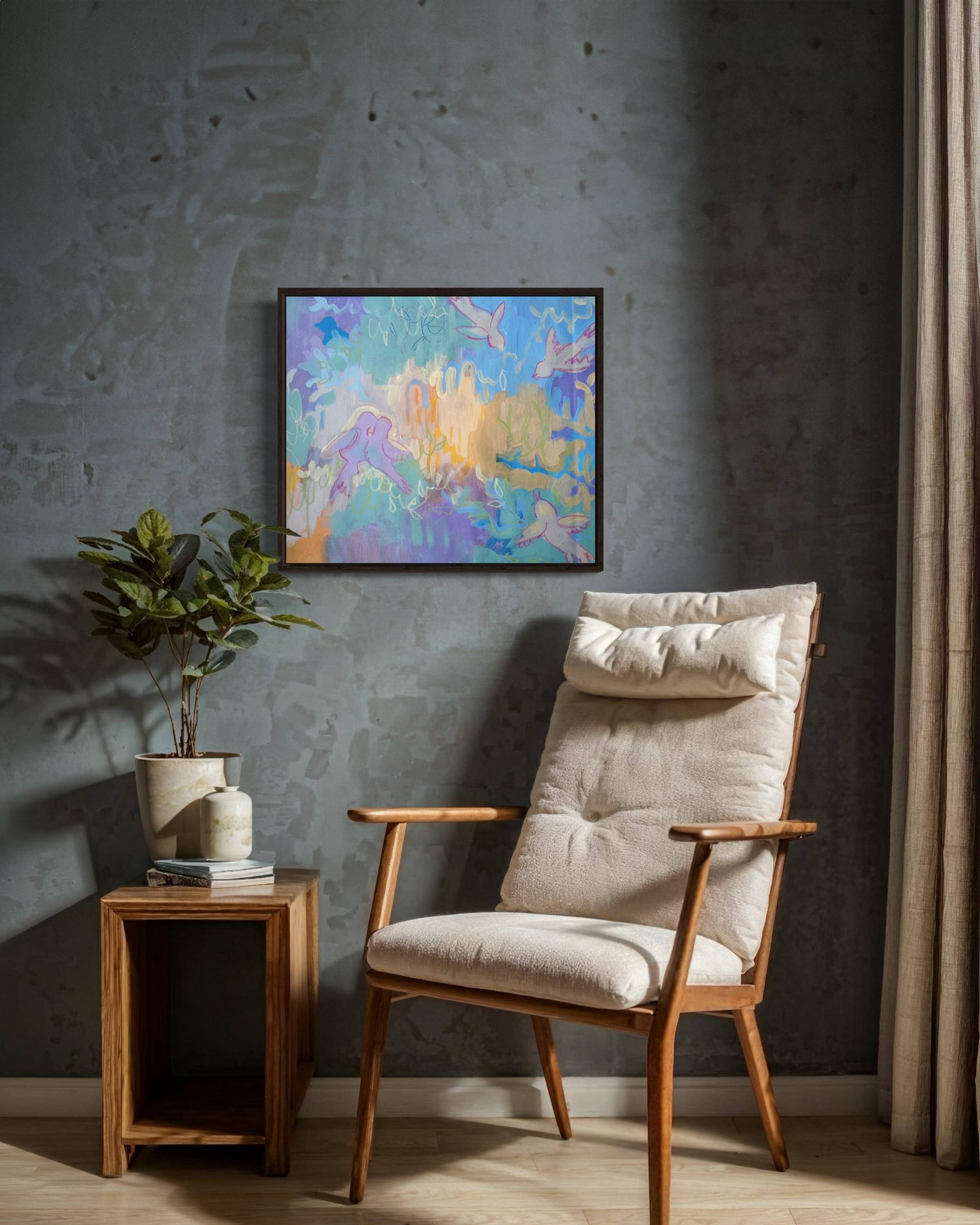 Trouver un oiseau, 50x60 cm, acrylique/toile/ pastel en vente 1