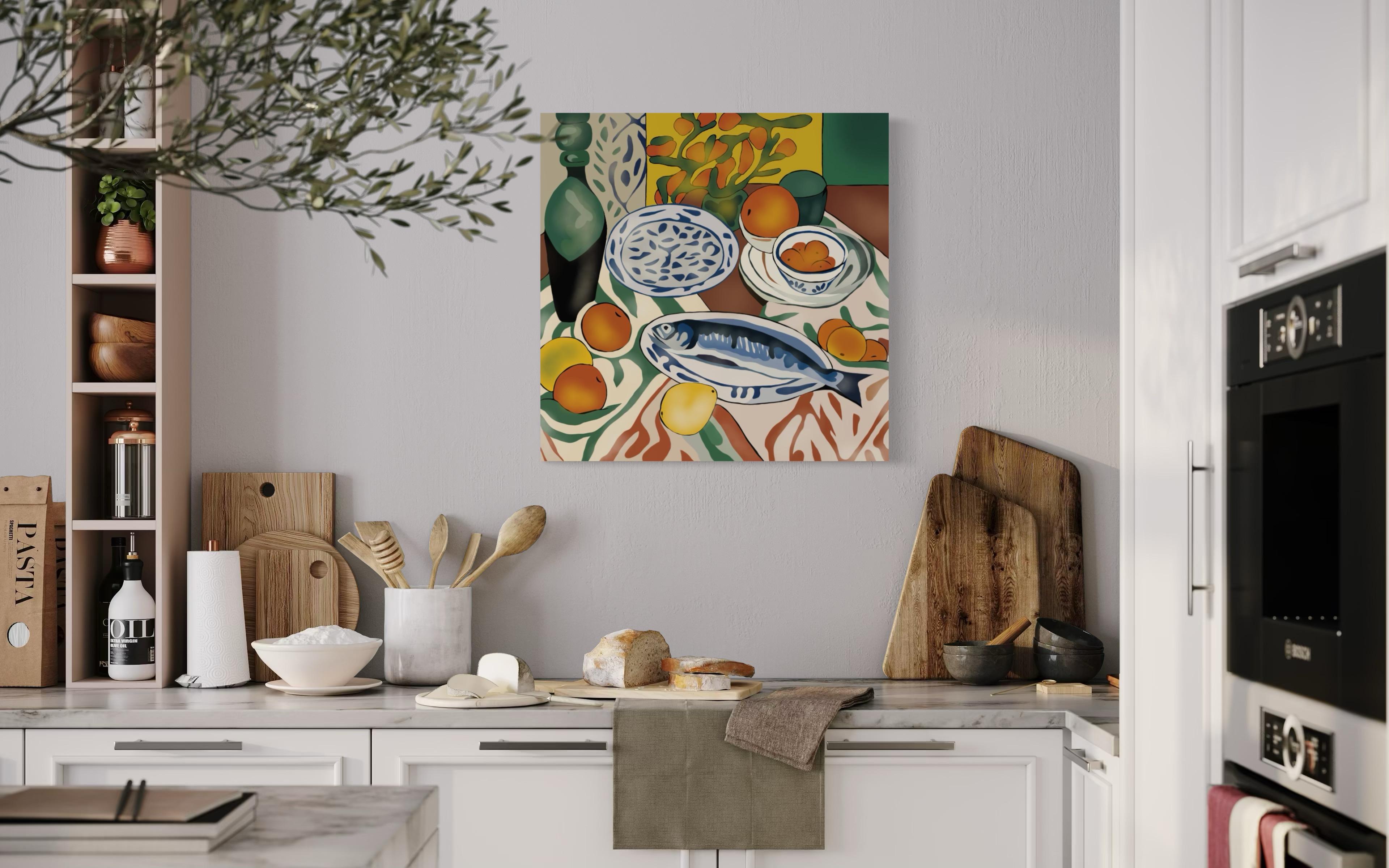 Still life with fish, 70x70cm, print on canvas.Edition 20 pcs. - Pop Art Art by Nina Tsoriti