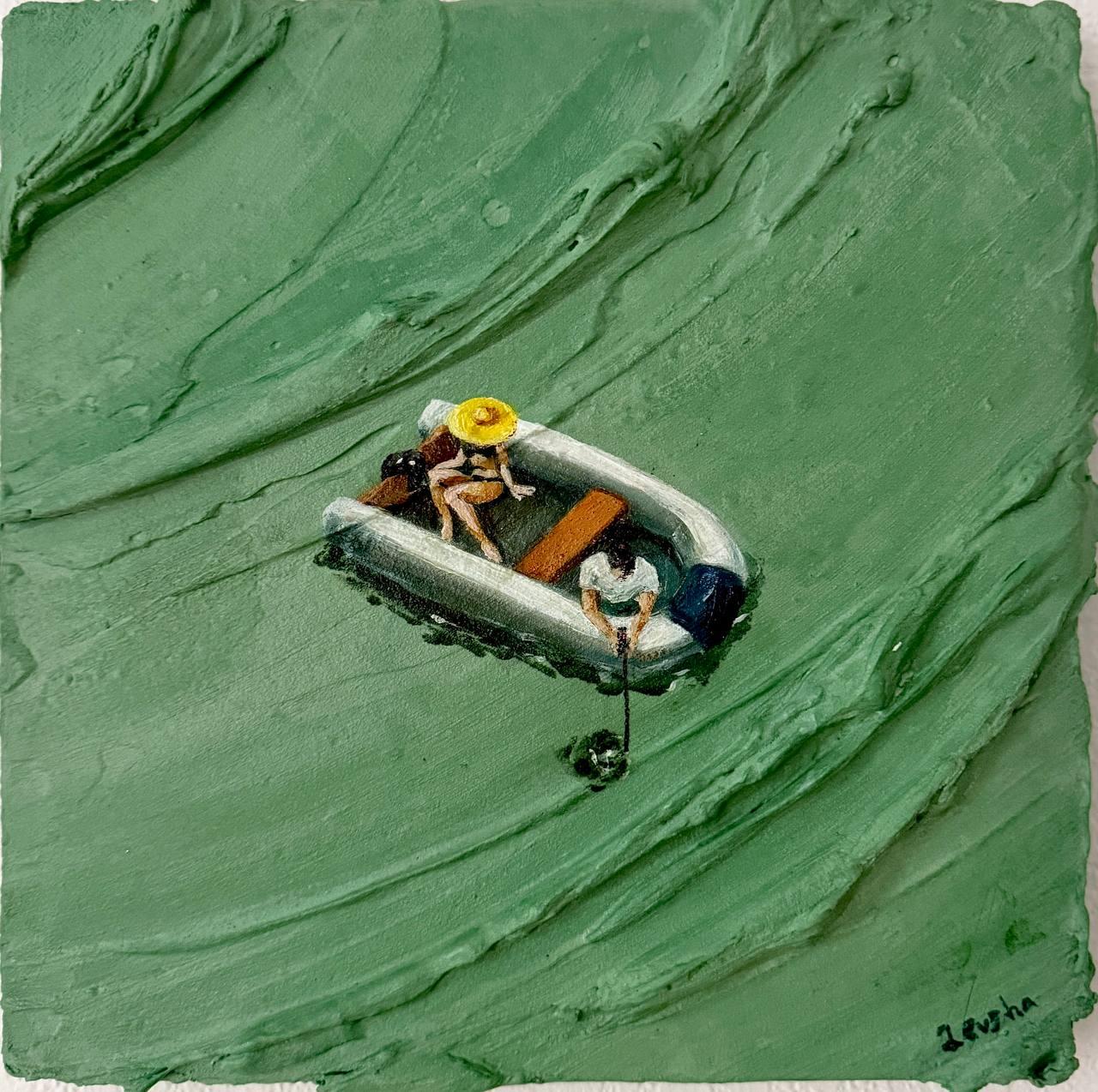 Two in a boat, 25x25cm, Acrylic on canvas, texture paste - Art by Kristina Tolmacheva