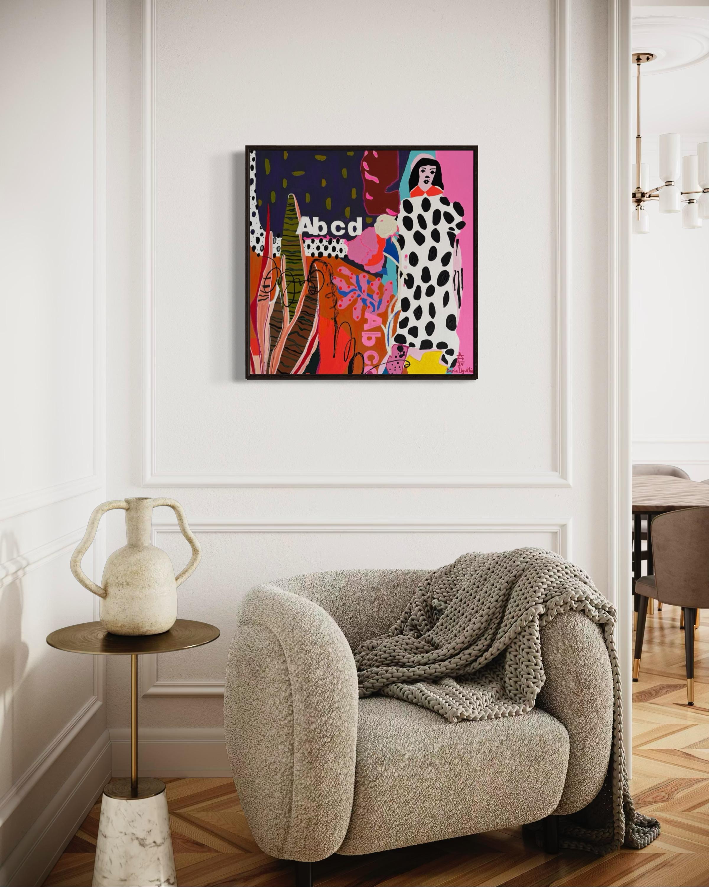 « Une fille ou une vision », toile, techniques mixtes, 70 x 70 cm en vente 1