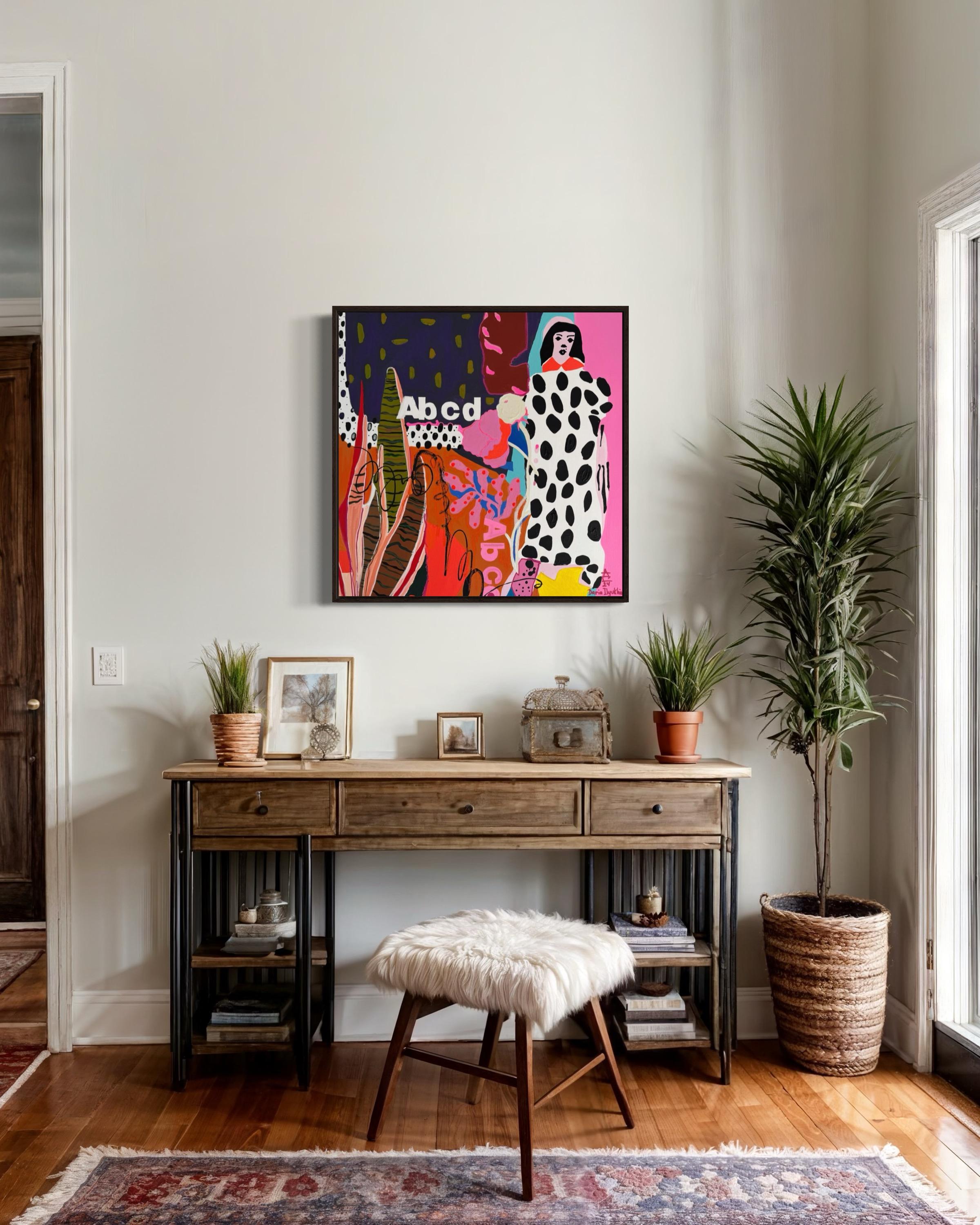 « Une fille ou une vision », toile, techniques mixtes, 70 x 70 cm en vente 2