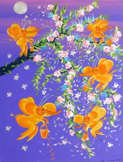 Gelbe Elefanten und Sakura, Acryl auf Leinwand, 80x60 cm