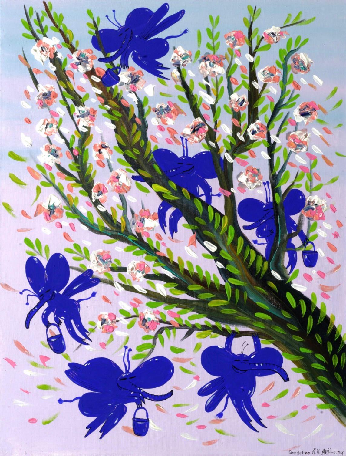 Éléphants bleus et sakura, acrylique sur toile, 80x60 cm