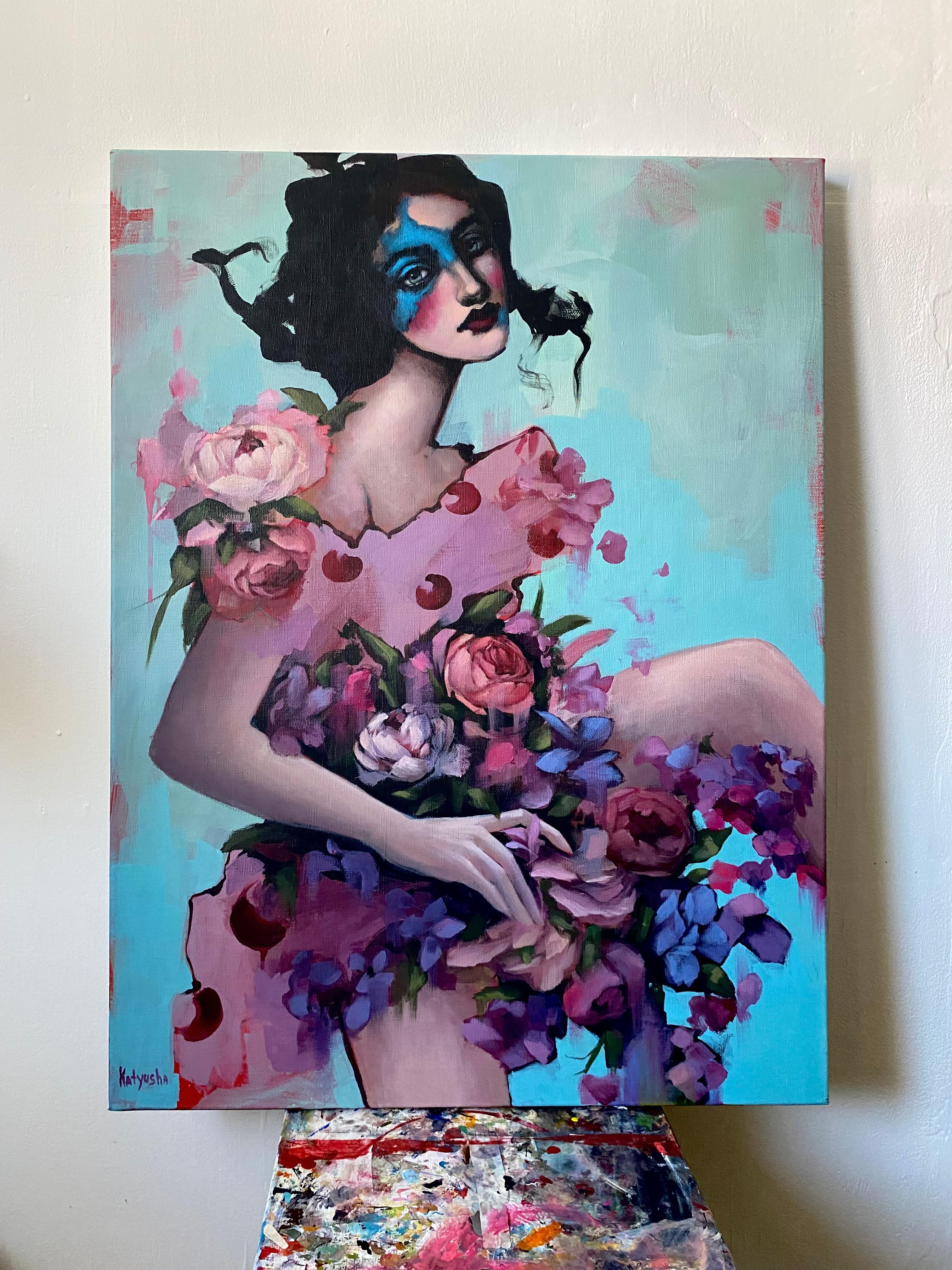 La dernière soirée de promesses fleuries, 80 x 60 cm, acrylique, toile - Gris Figurative Painting par Ekaterina Nikitina