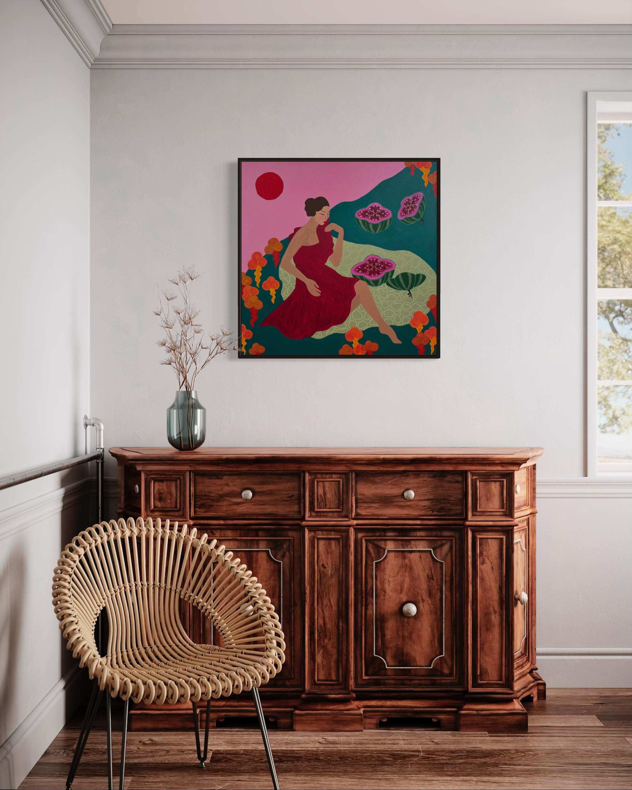 Soleil, pastèques et plantes de l'éternelle jeunesse, 80x80 cm, acrylique sur toile en vente 2