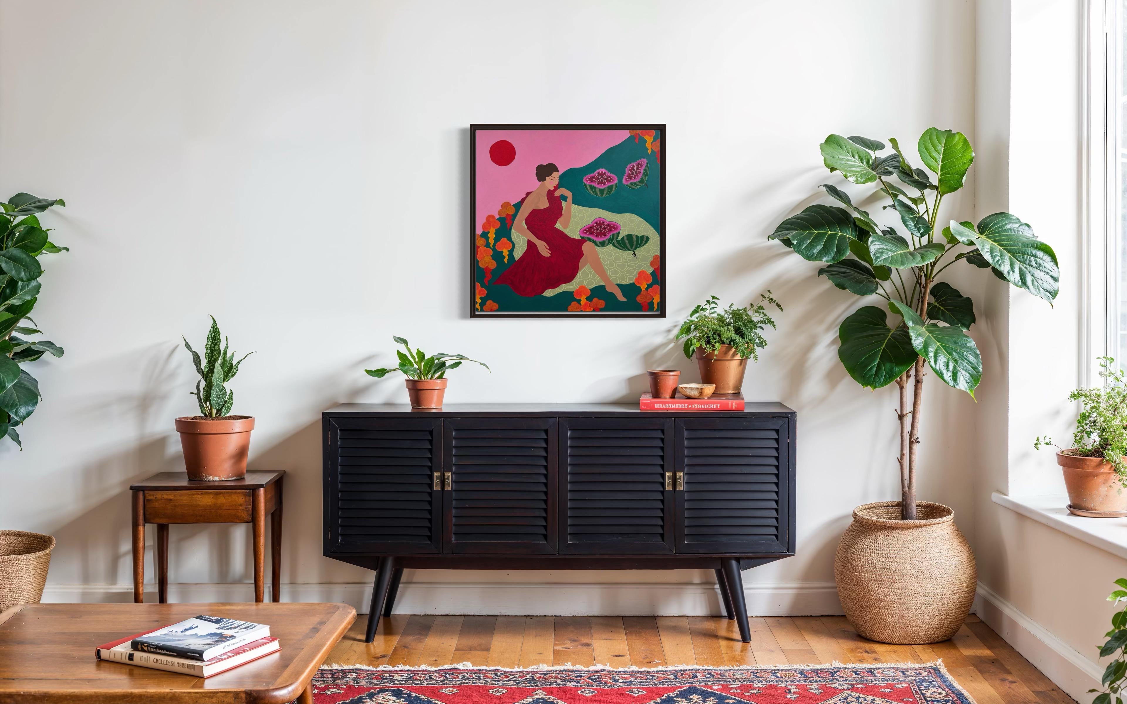 Soleil, pastèques et plantes de l'éternelle jeunesse, 80x80 cm, acrylique sur toile en vente 5