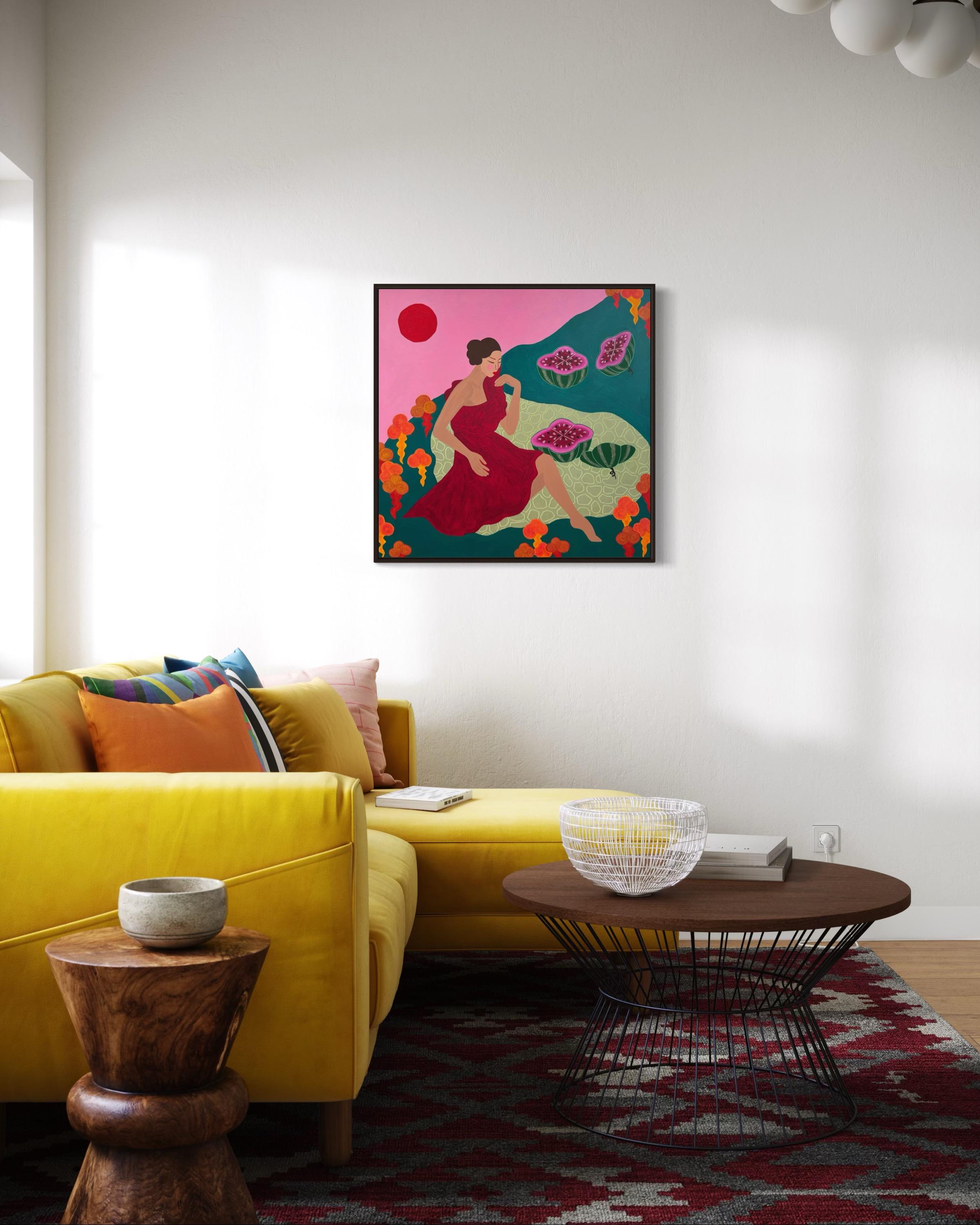 Soleil, pastèques et plantes de l'éternelle jeunesse, 80x80 cm, acrylique sur toile en vente 6