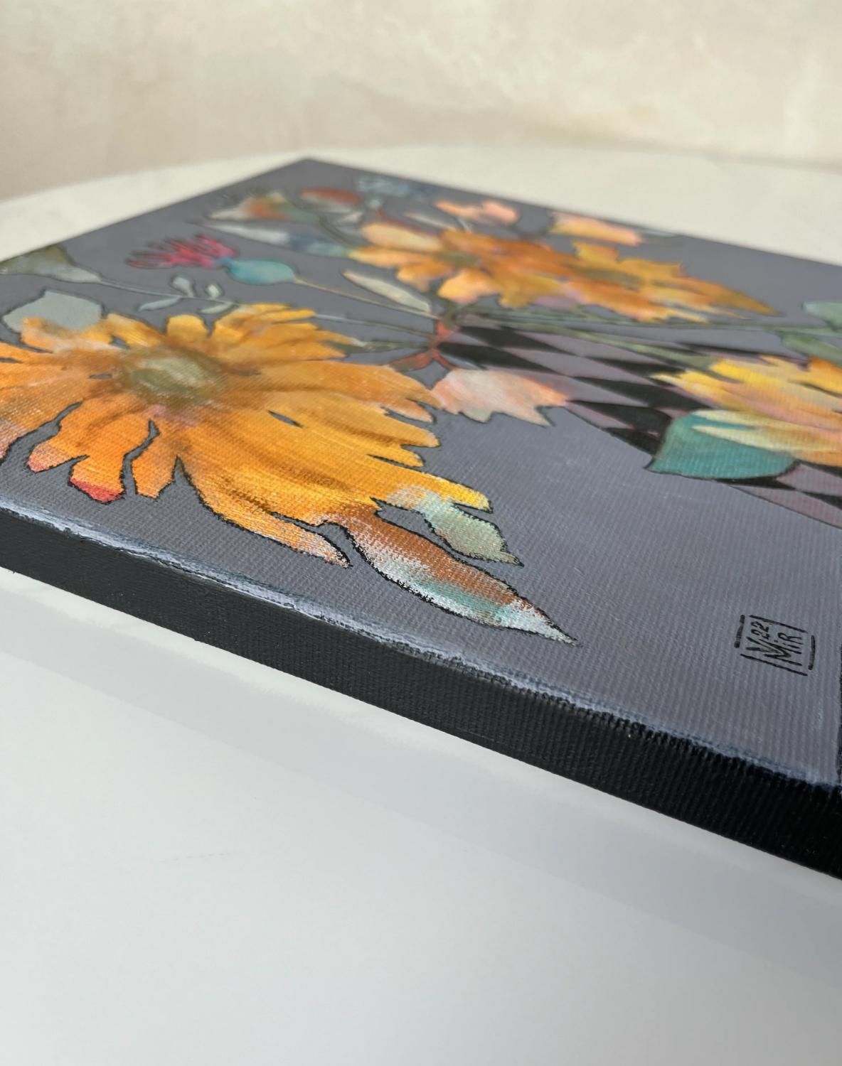 Still life with sunflower, 40x30 cm, acrylic on canvas For Sale 1