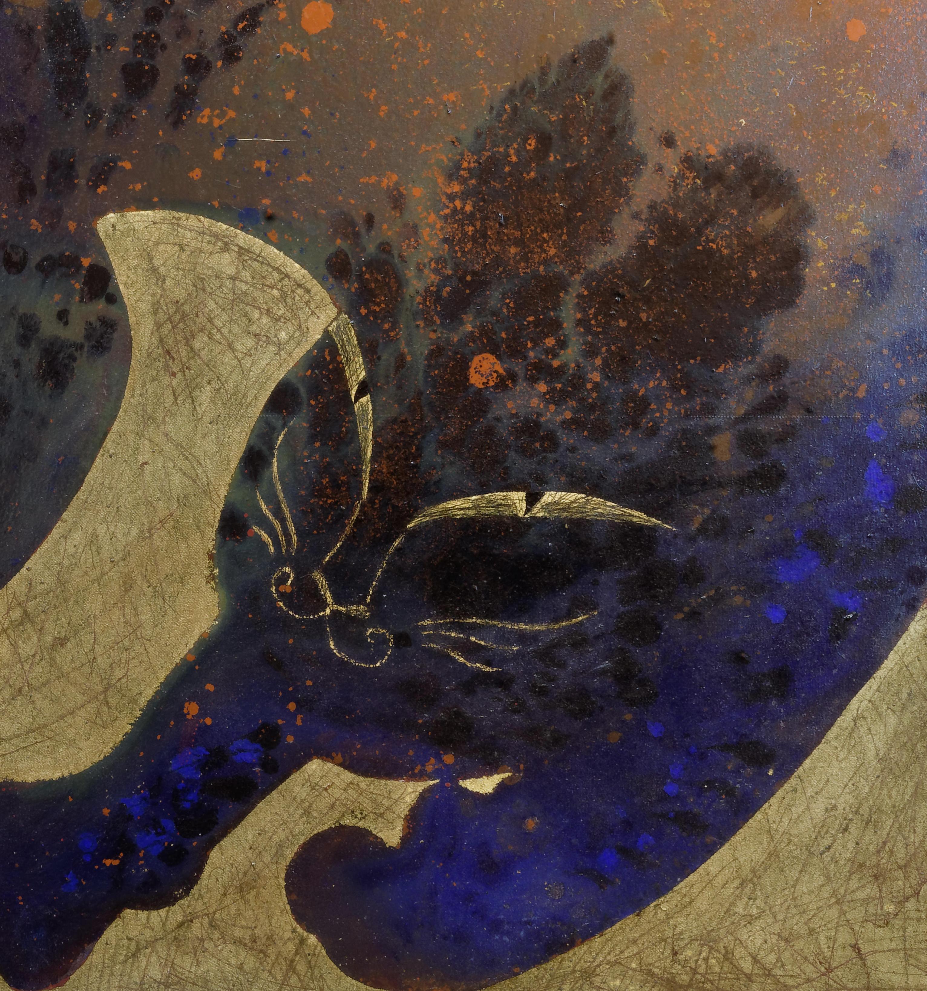 Cat, Acrylic on canvas, gold leaf , 100x120 cm For Sale 1