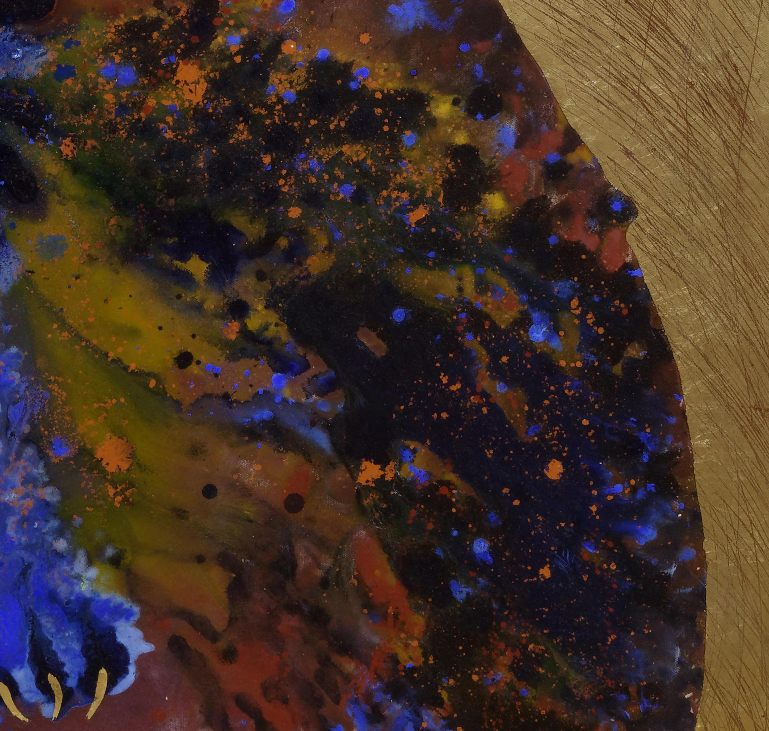 Cat, Acrylic on canvas, gold leaf , 100x100 cm For Sale 2