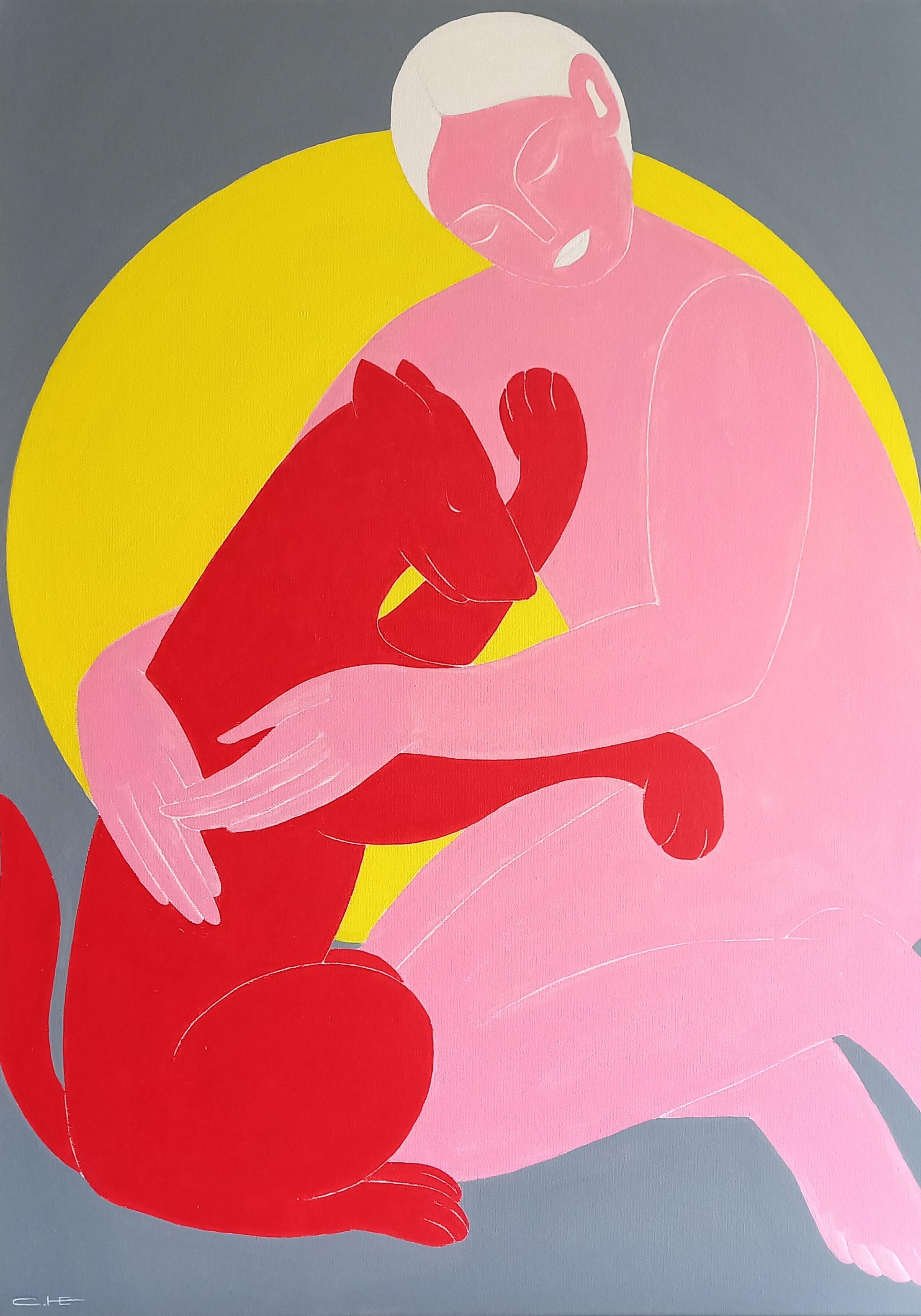 Avec un chien rouge, 70 x 50 cm, acrylique sur toile - Art de Sasha Katinauskiene