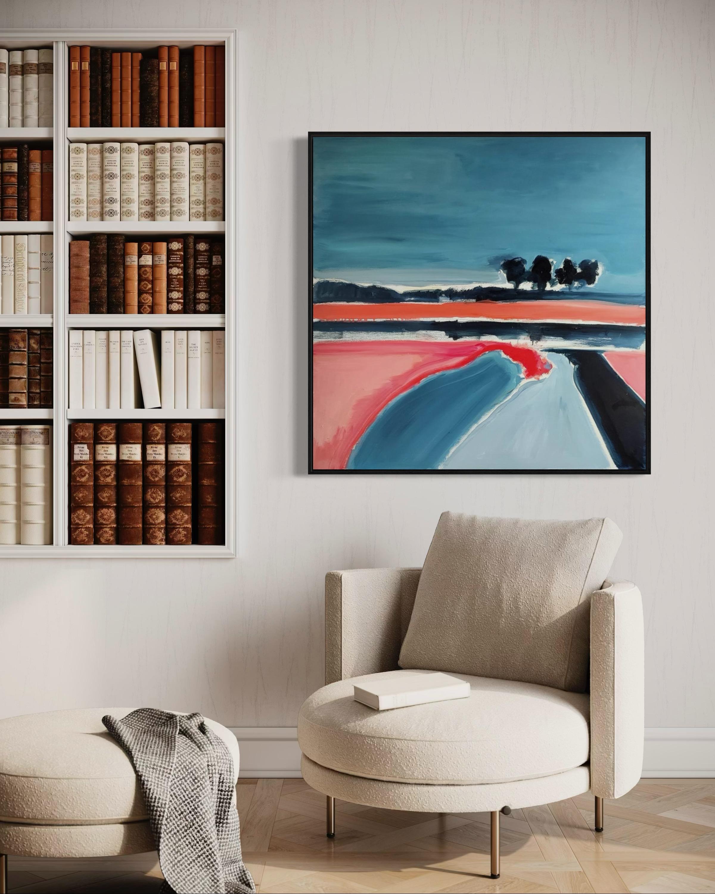 quiet lake, 100x100 cm, oil, canvas - Blue Landscape Painting by Alexandra Lisina