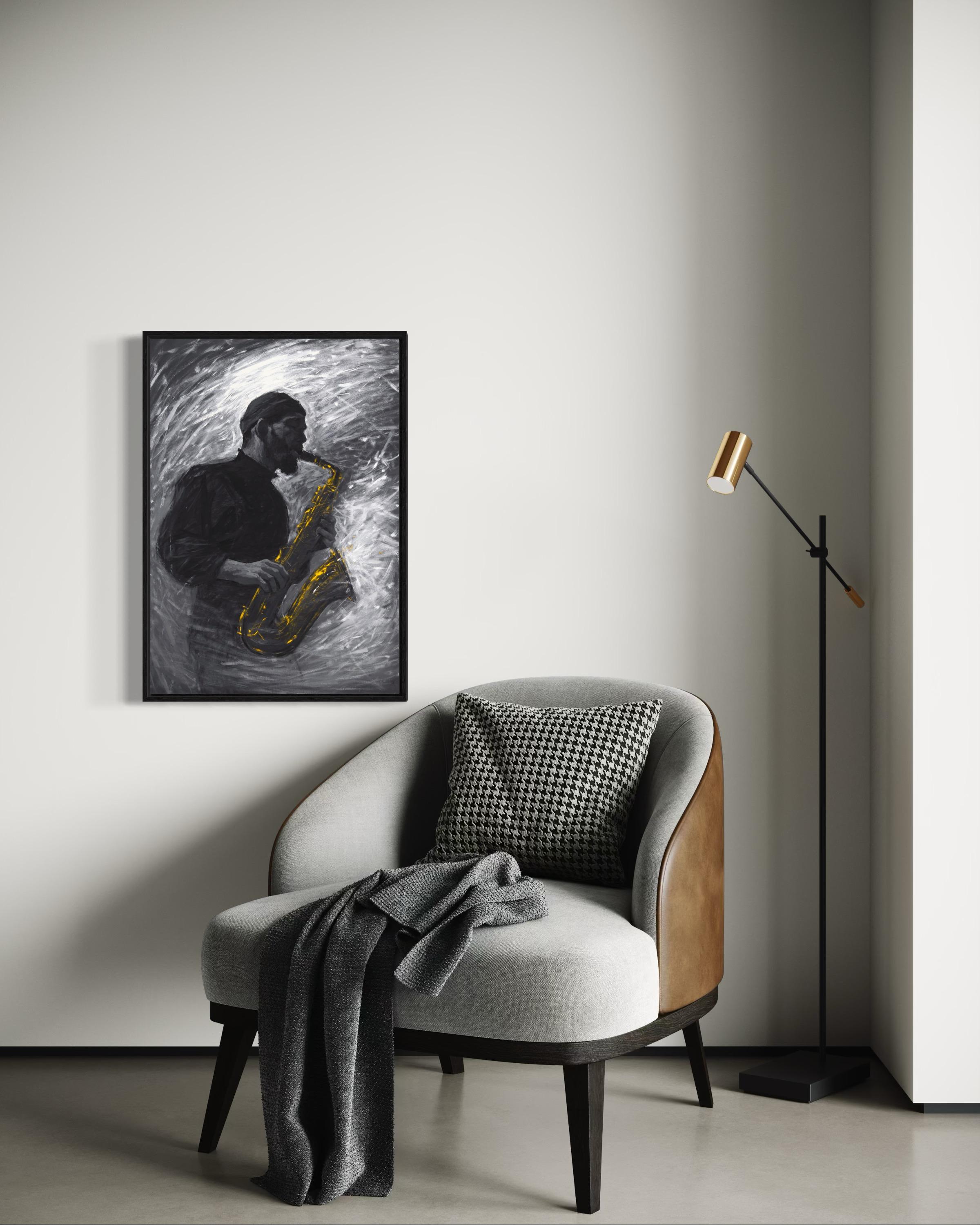 SAXOPHONIST, 100x70 cm, tempera/ papier en vente 3