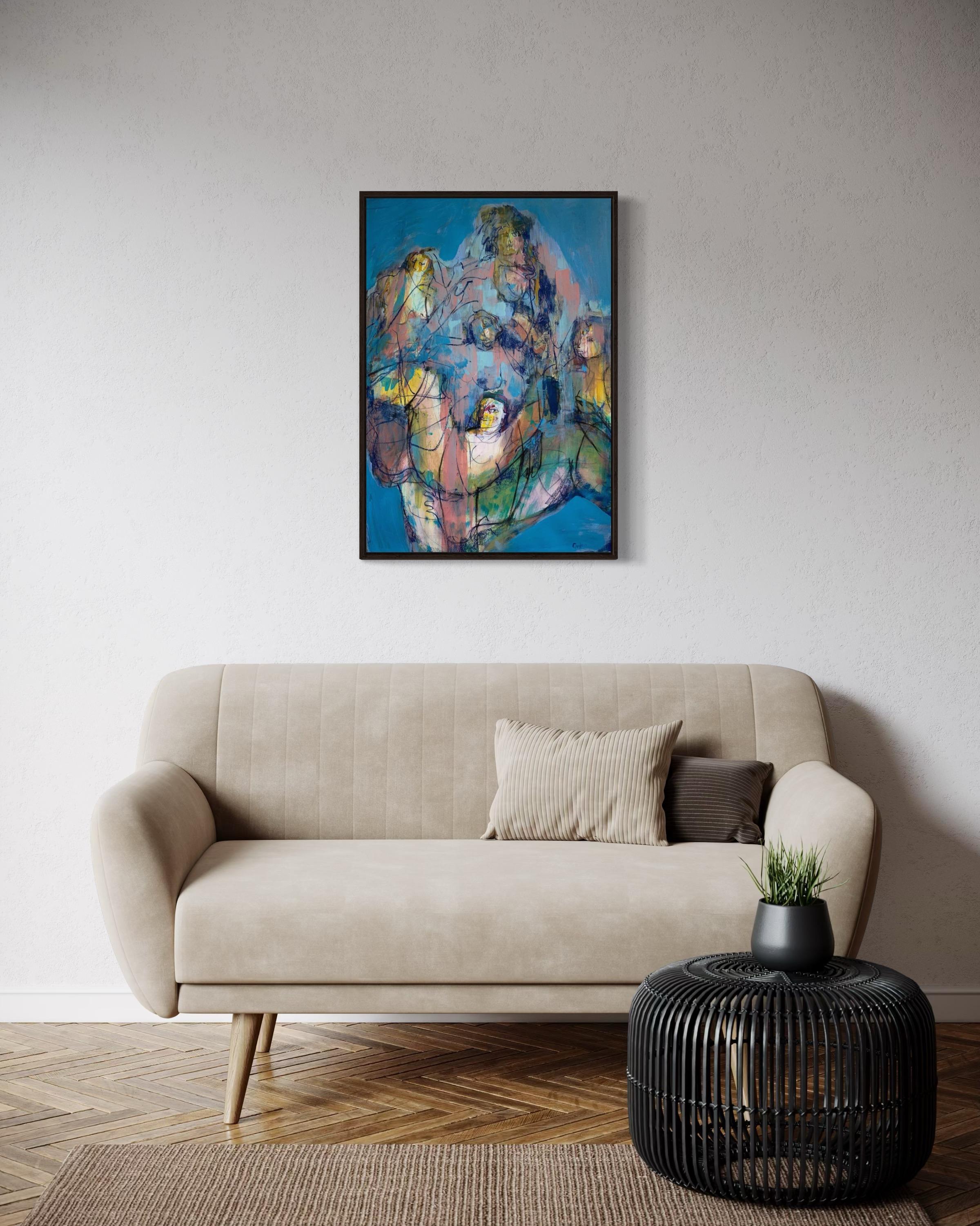 Catch a deer, 78 x54 cm, acrylique, papier - Bleu Figurative Painting par Elena Naushirvanova 