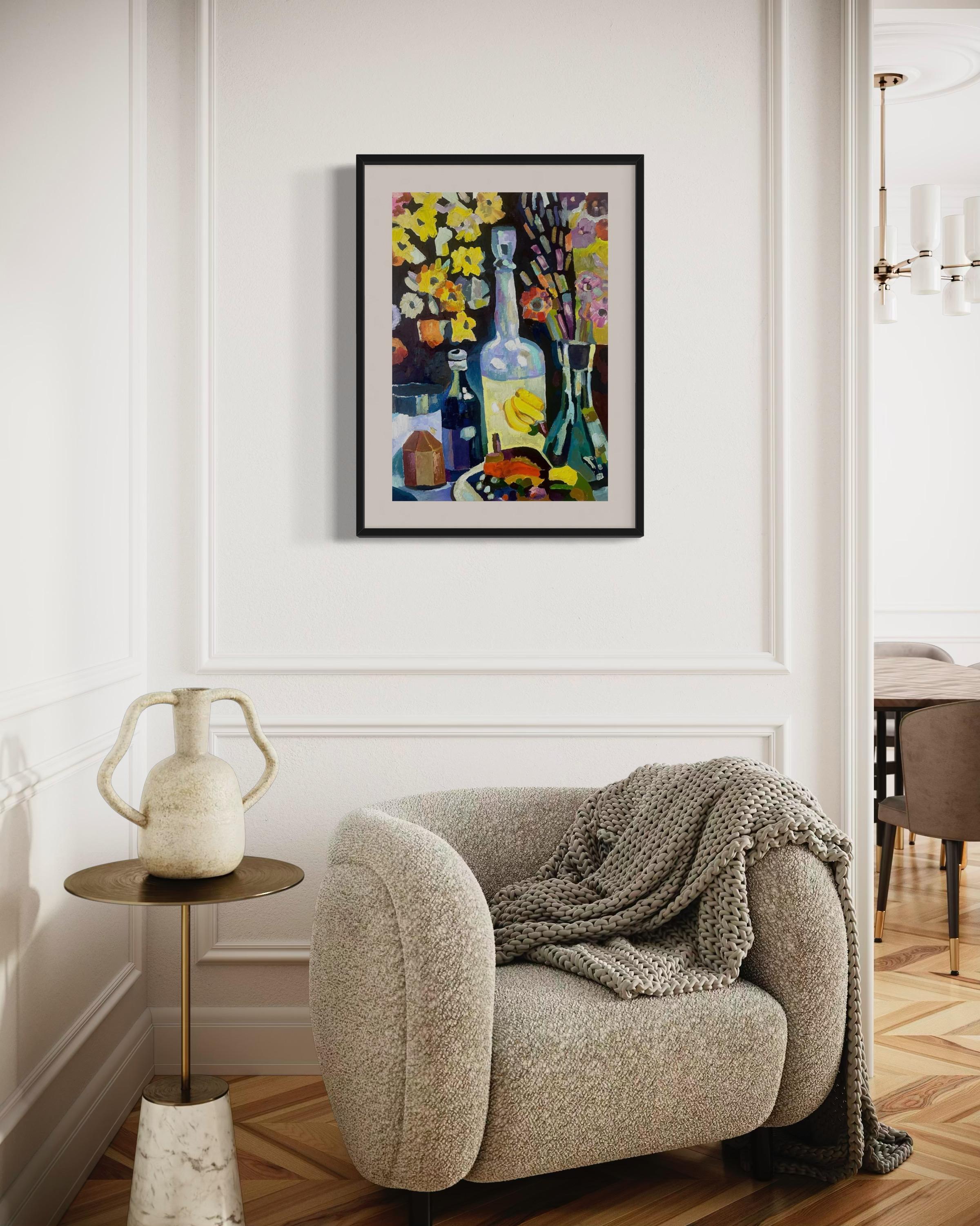 „Flasche für Liebe“, Papier/Öl, 70x50 cm. im Angebot 2