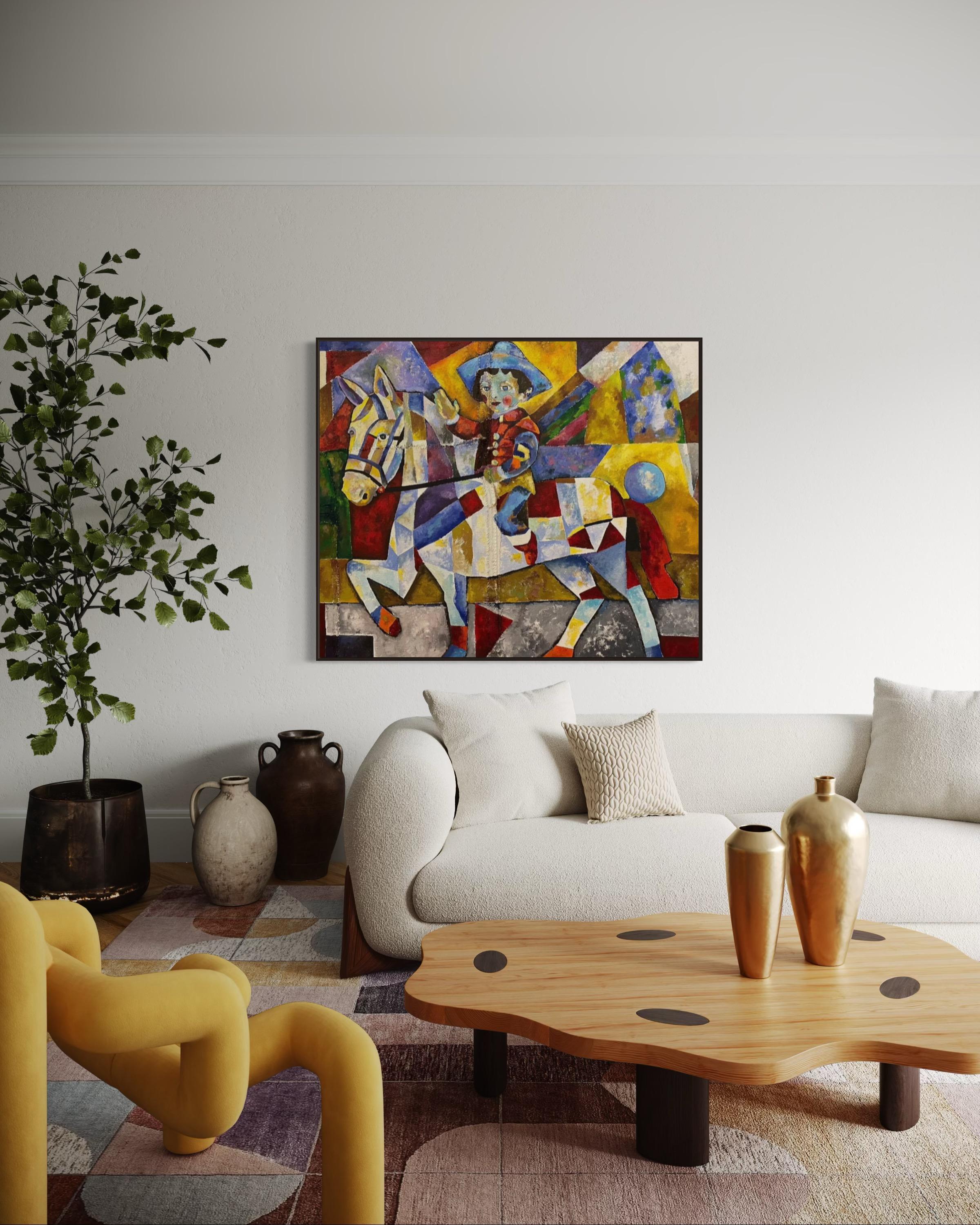 Gagnant, 130x160 cm, huile, sac à café cousu, sable en vente 1