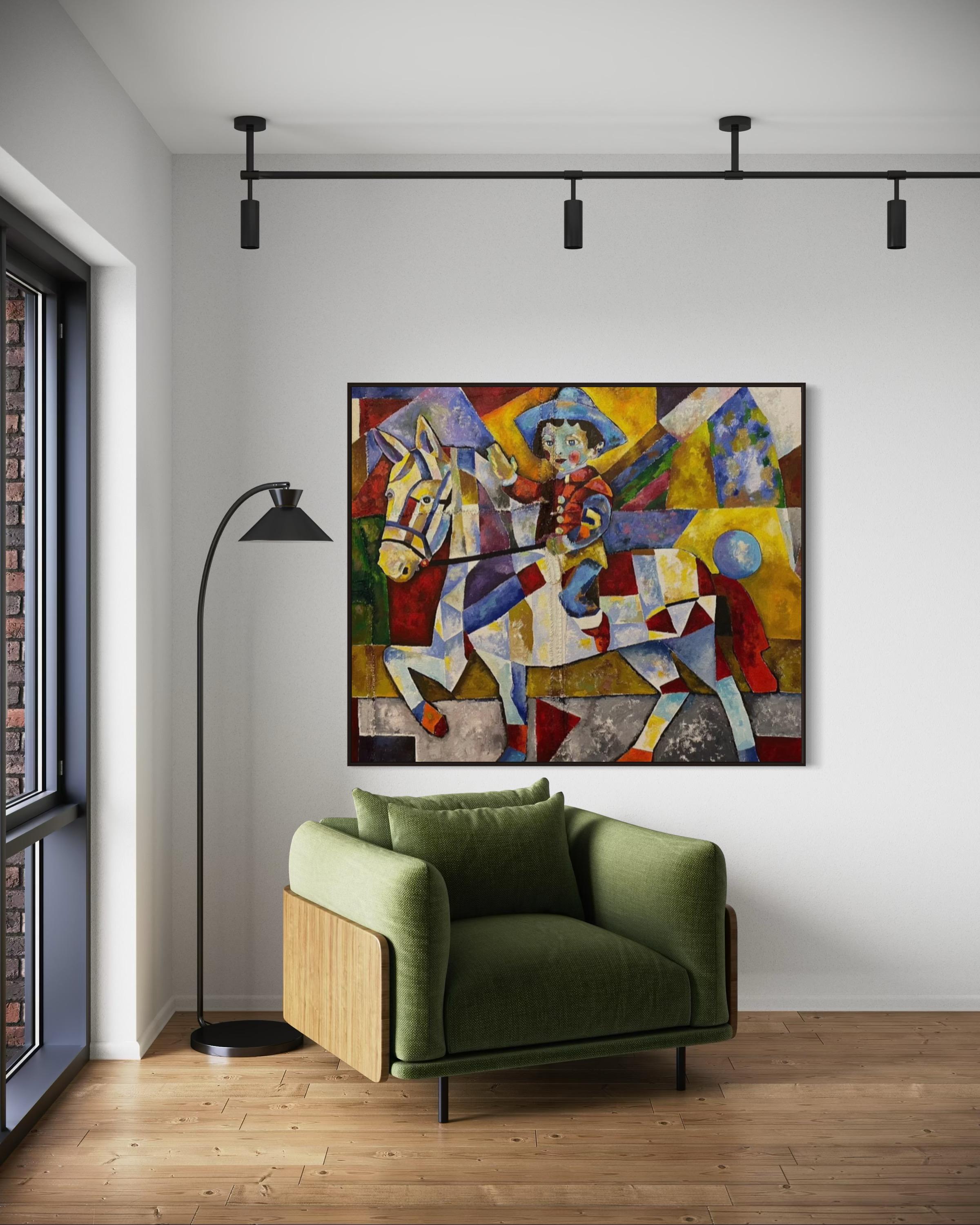 Gagnant, 130x160 cm, huile, sac à café cousu, sable en vente 2