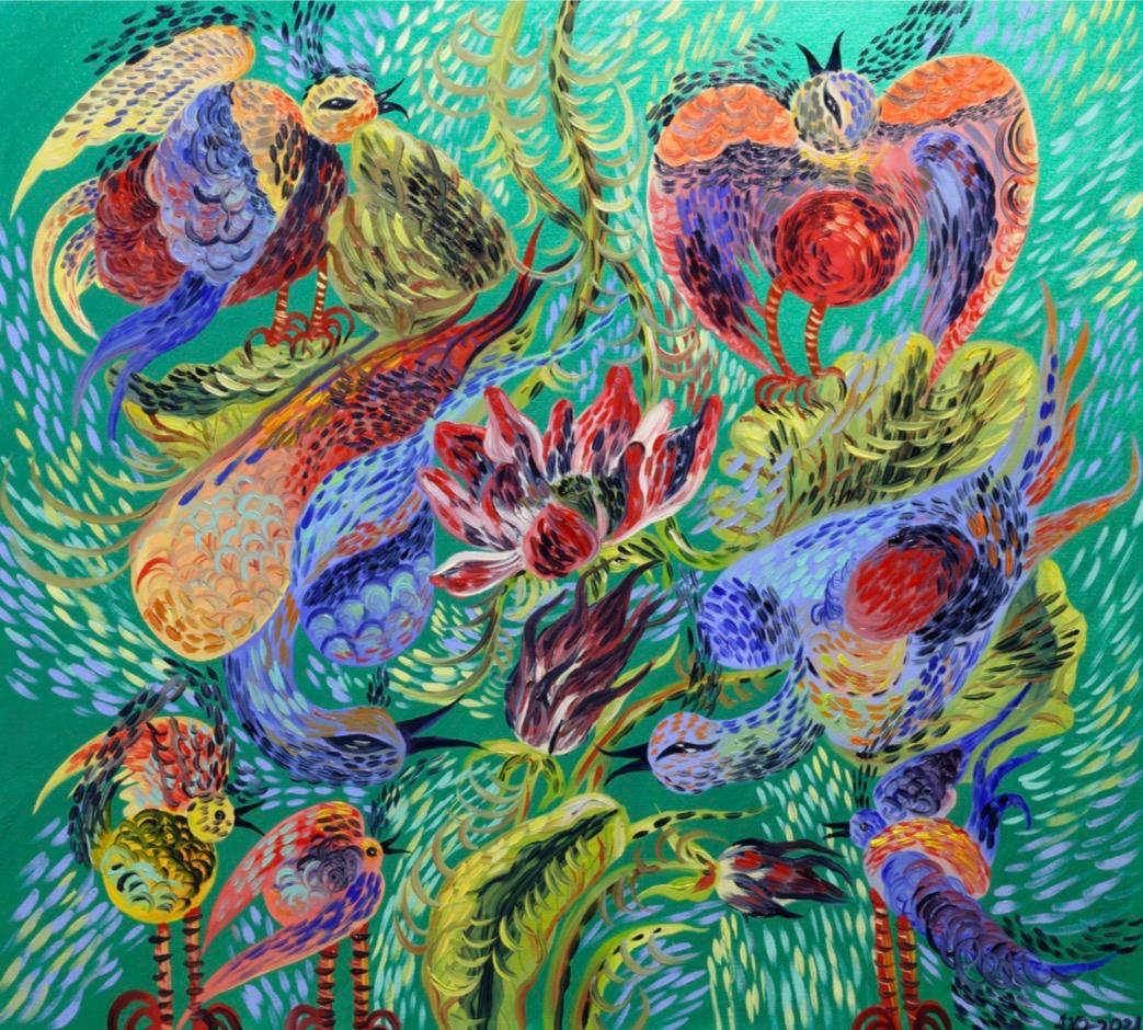 Birds in the garden, Acrylic on canvas, 100x90 cm