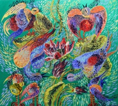 Birds in the garden, Acrylic on canvas, 100x90 cm