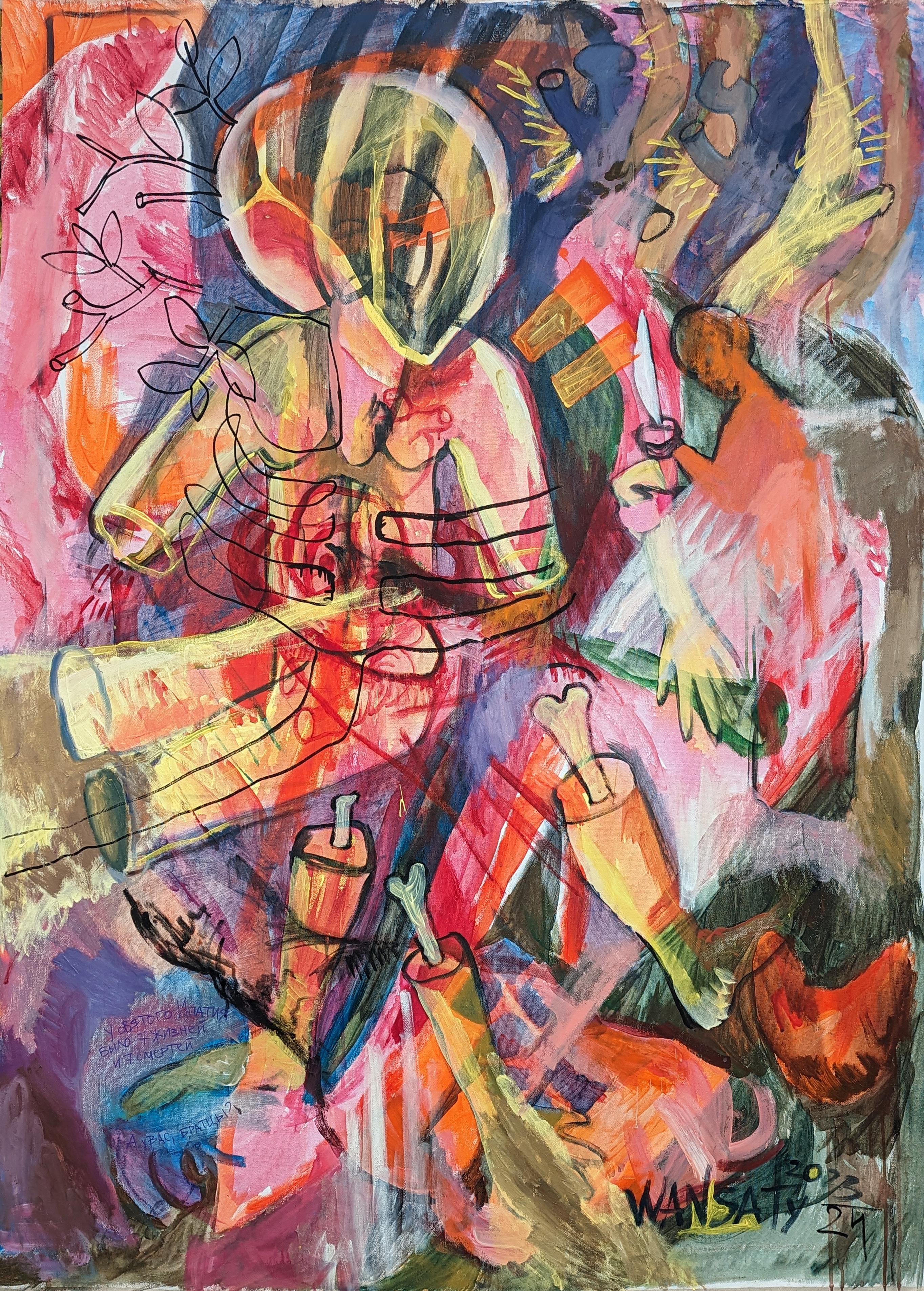 Tatiana Levchenko Abstract Painting - The Seventh Death of Hypatius of Gangra, 150x107cm, oil, acrylic, canvas