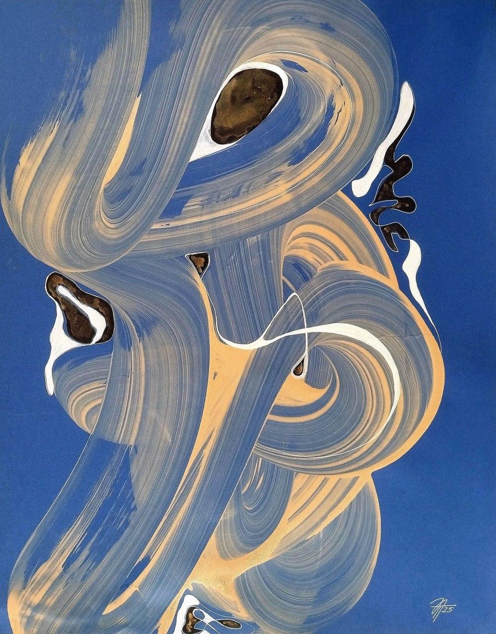 Tatiana Nega Abstract Drawing - Software errors, 62x49 cm, acrylic on blue paper